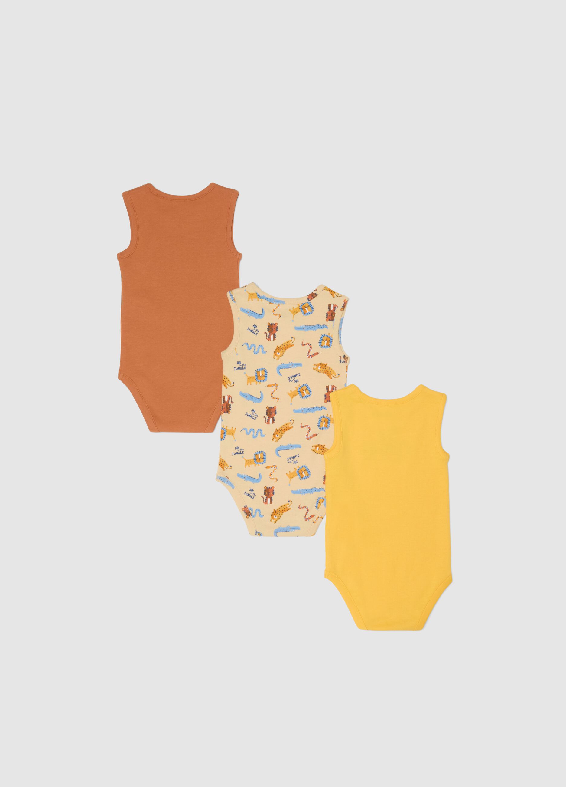 Multicoloured sleeveless cotton bodysuit tripack for newborns