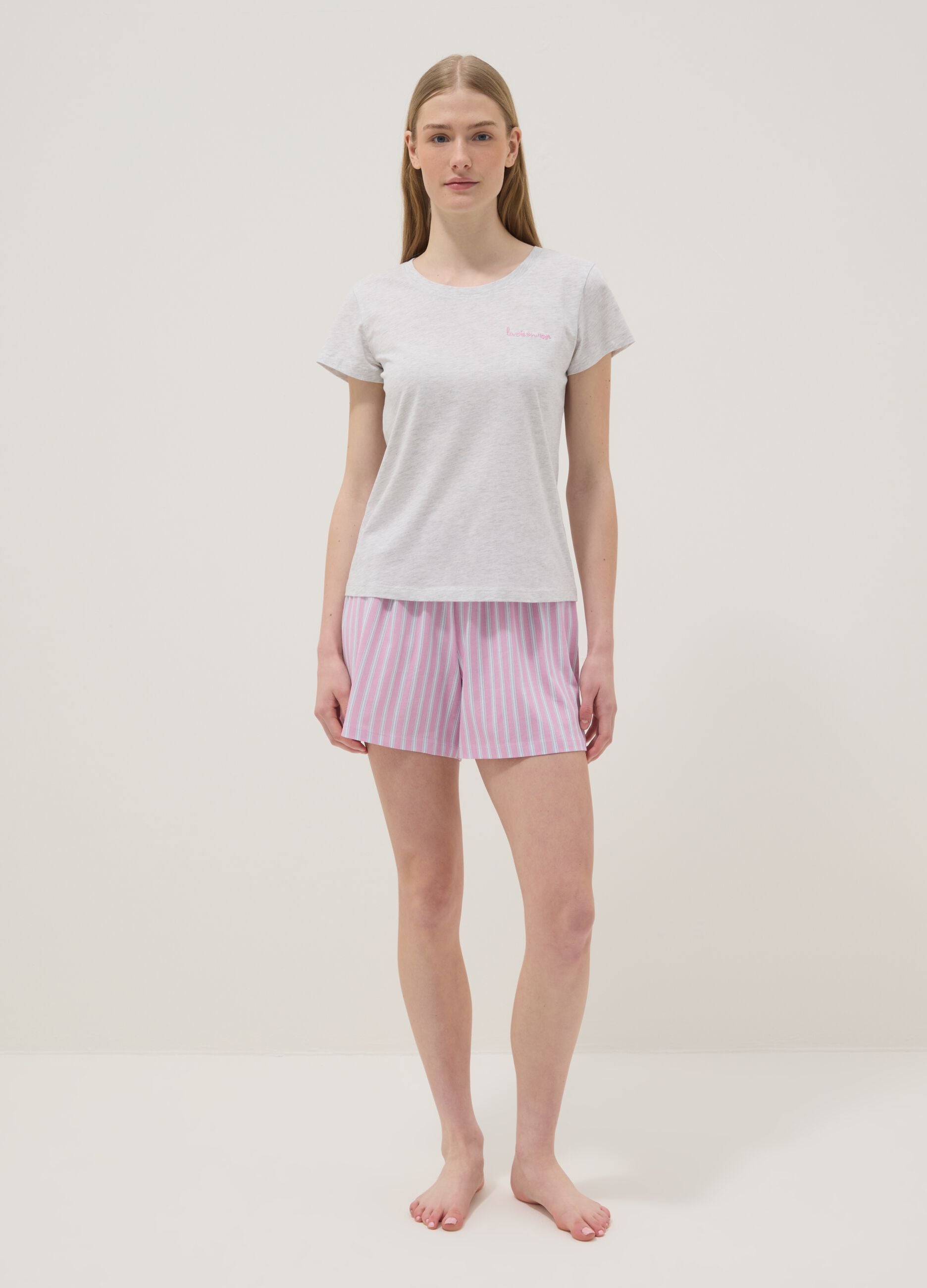Short striped multicoloured stretch cotton pyjamas, regular fit