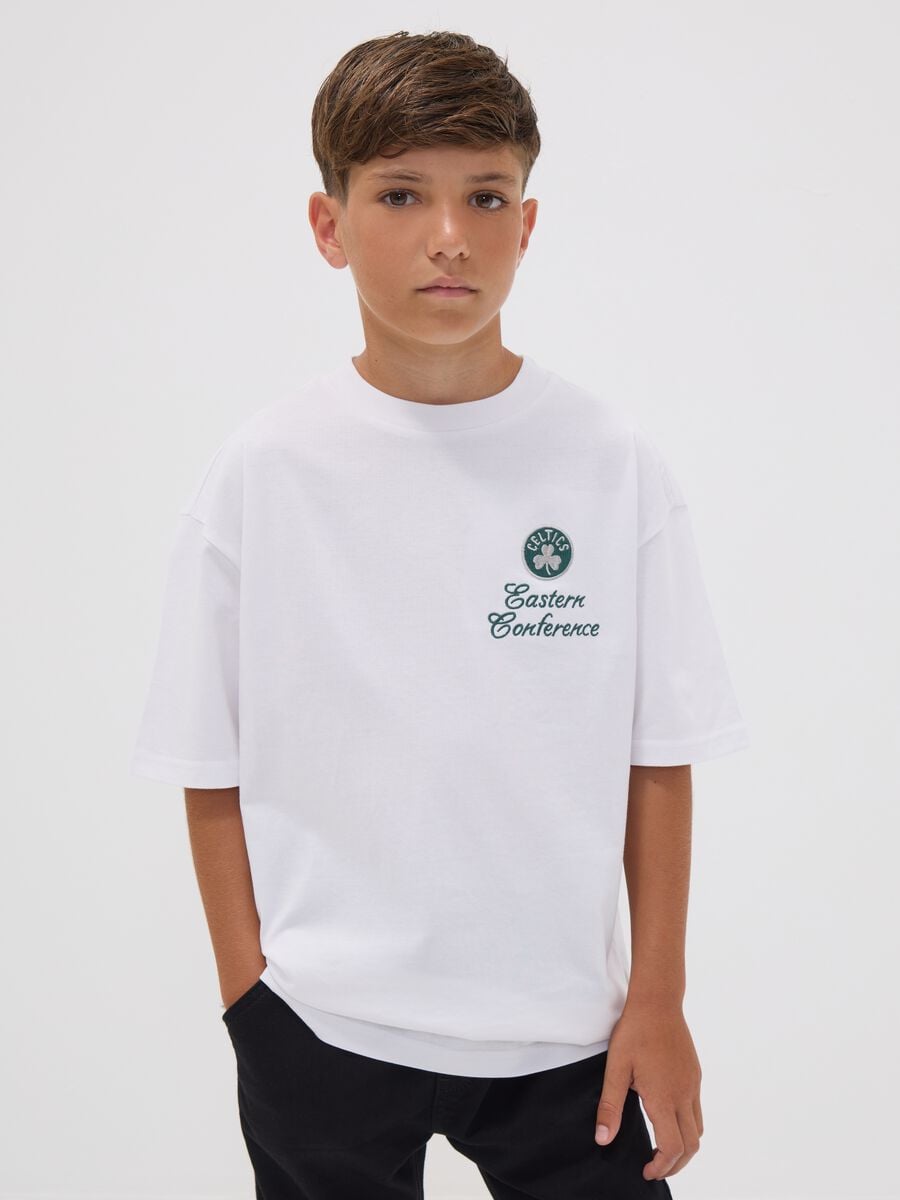 White pure cotton Celtics print T-shirt for boys_0