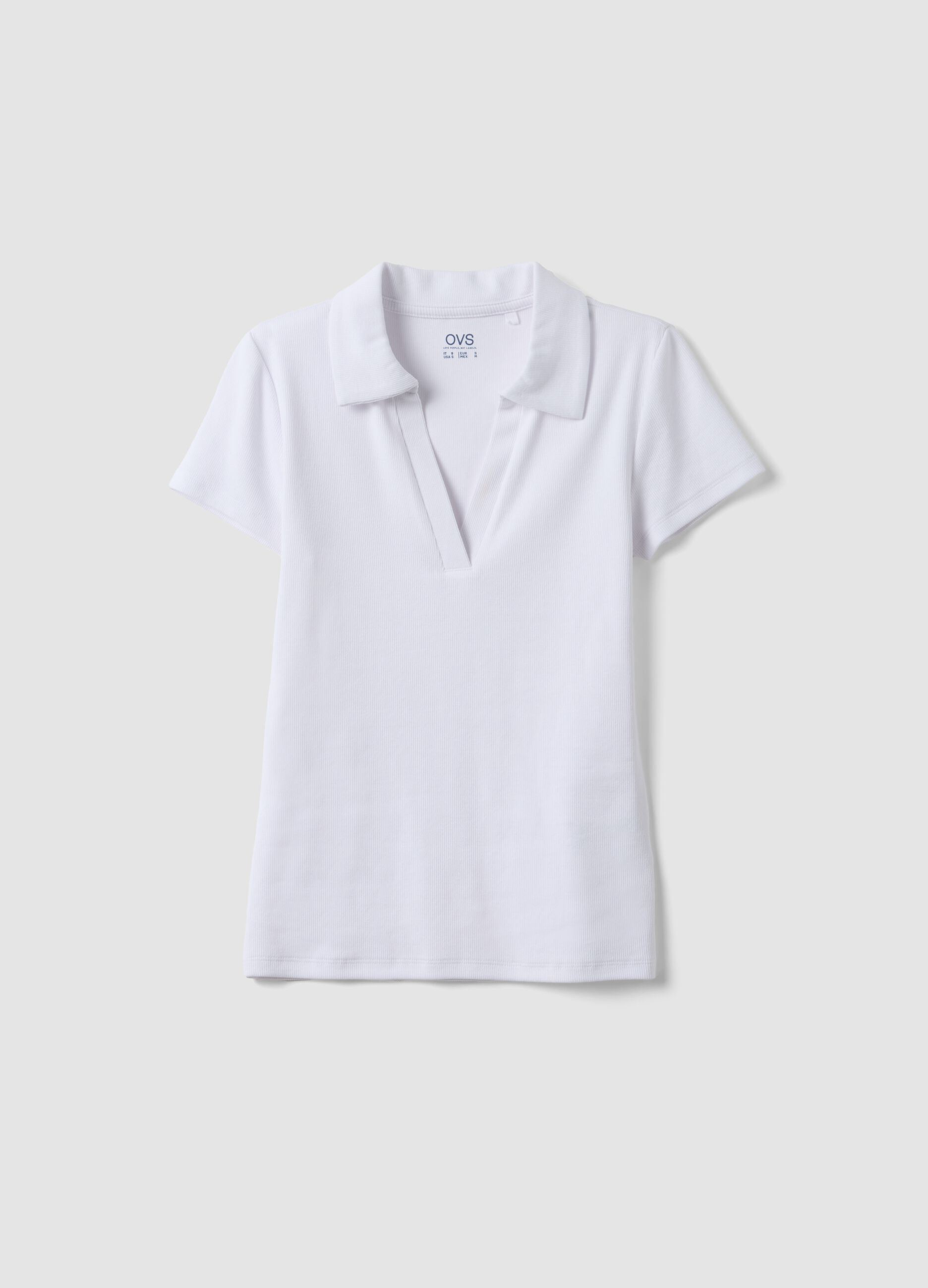 White stretch cotton polo shirt with open V-neck, regular fit
