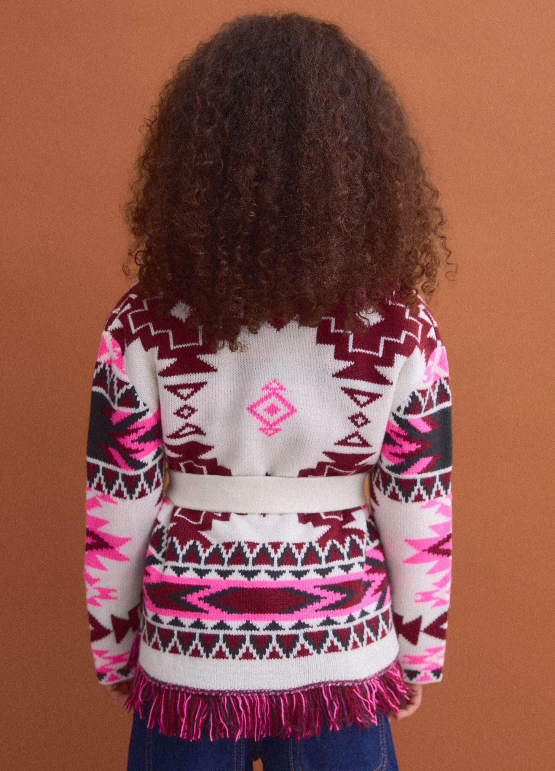 Girls&rsquo; multicolour jacquard cardigan with deep V-neck