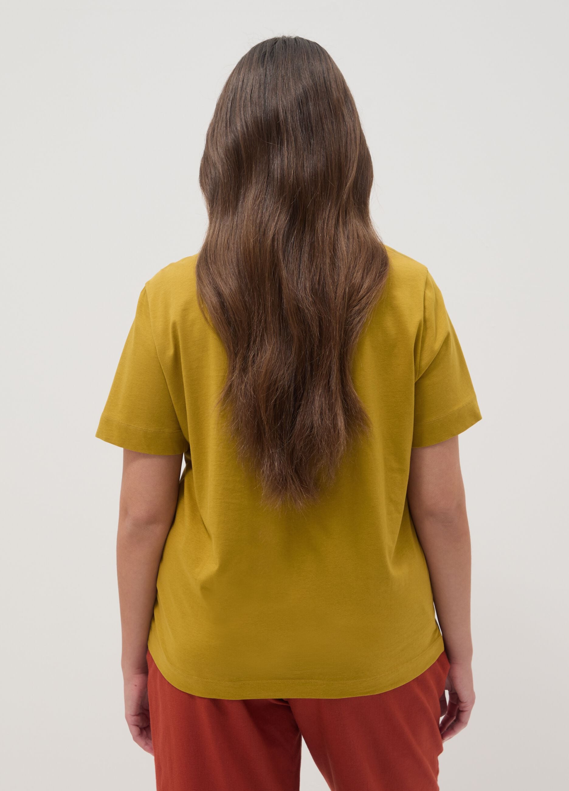 Yellow pure cotton regular fit T-shirt with floral embroidery