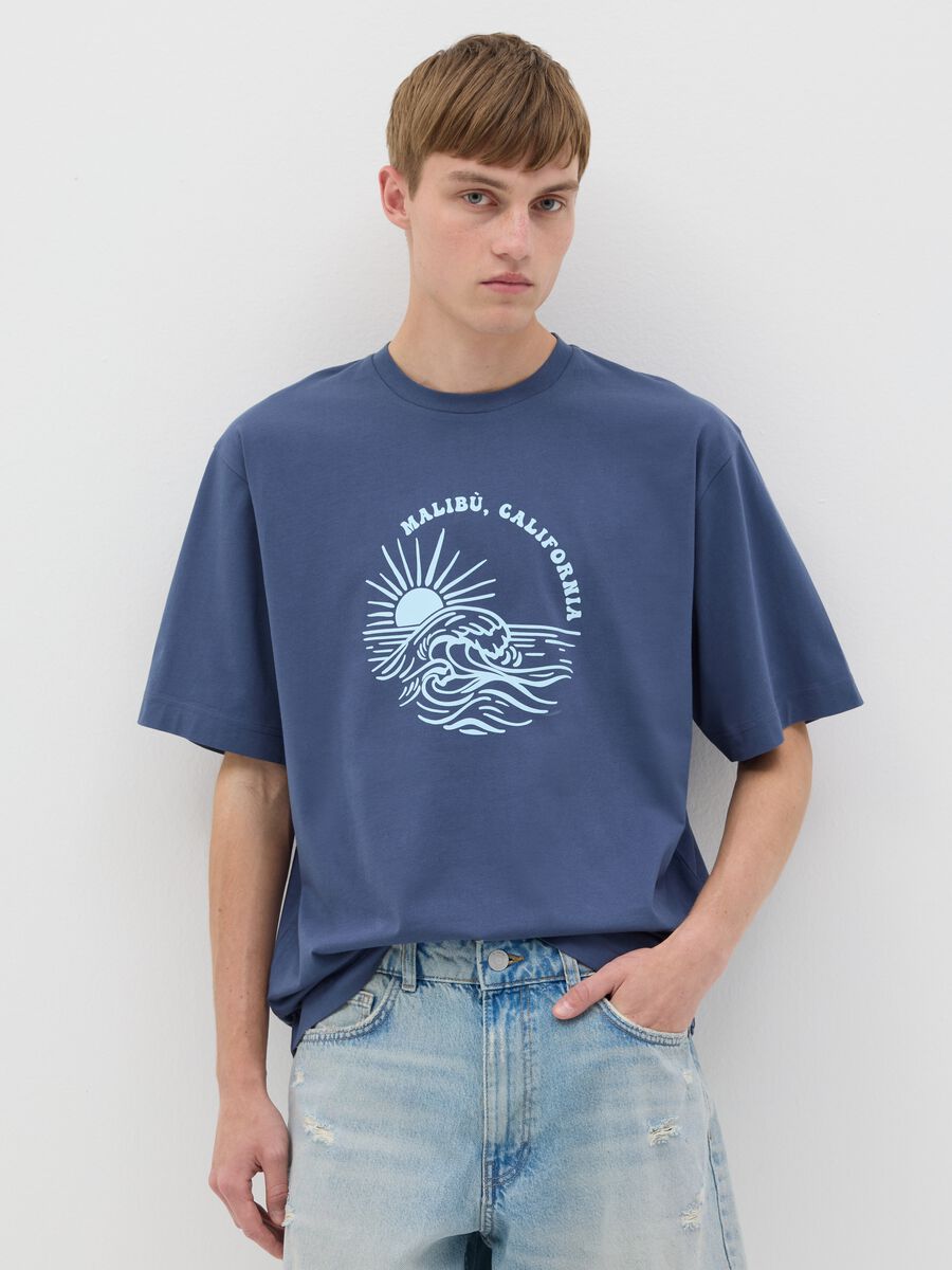 Men's 100% cotton blue boxy fit T-shirt with Surf Beach Bar print_0