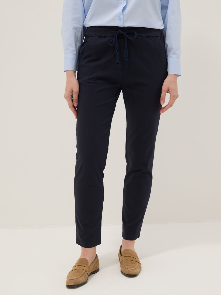 Blue stretch cotton trousers with drawstring_1