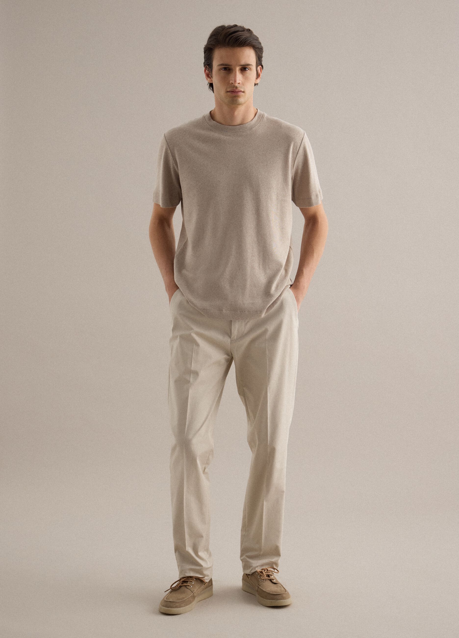 Beige linen-cotton blend regular fit t-shirt