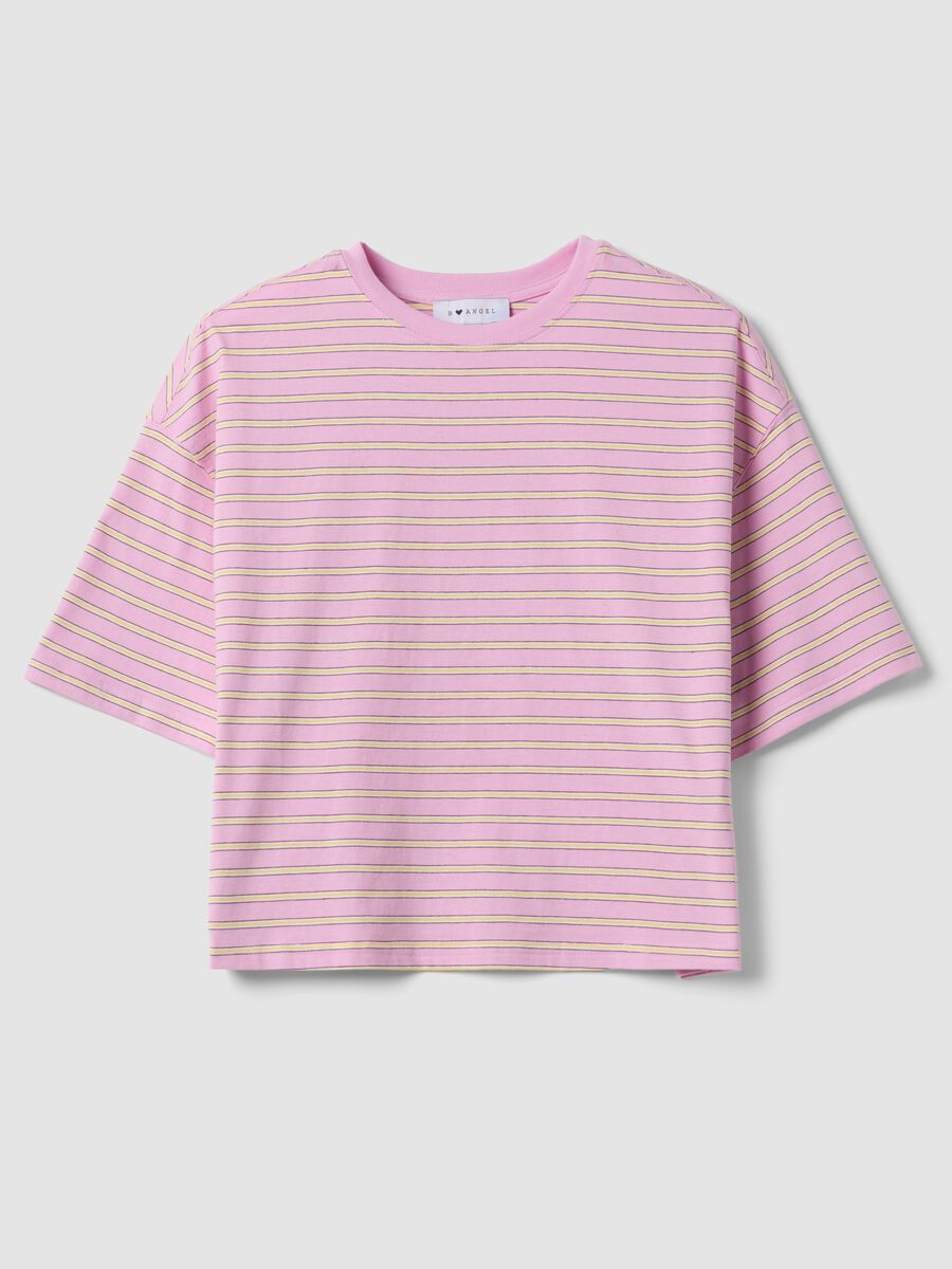Pink pure cotton T-shirt with yellow stripes, boxy fit_4
