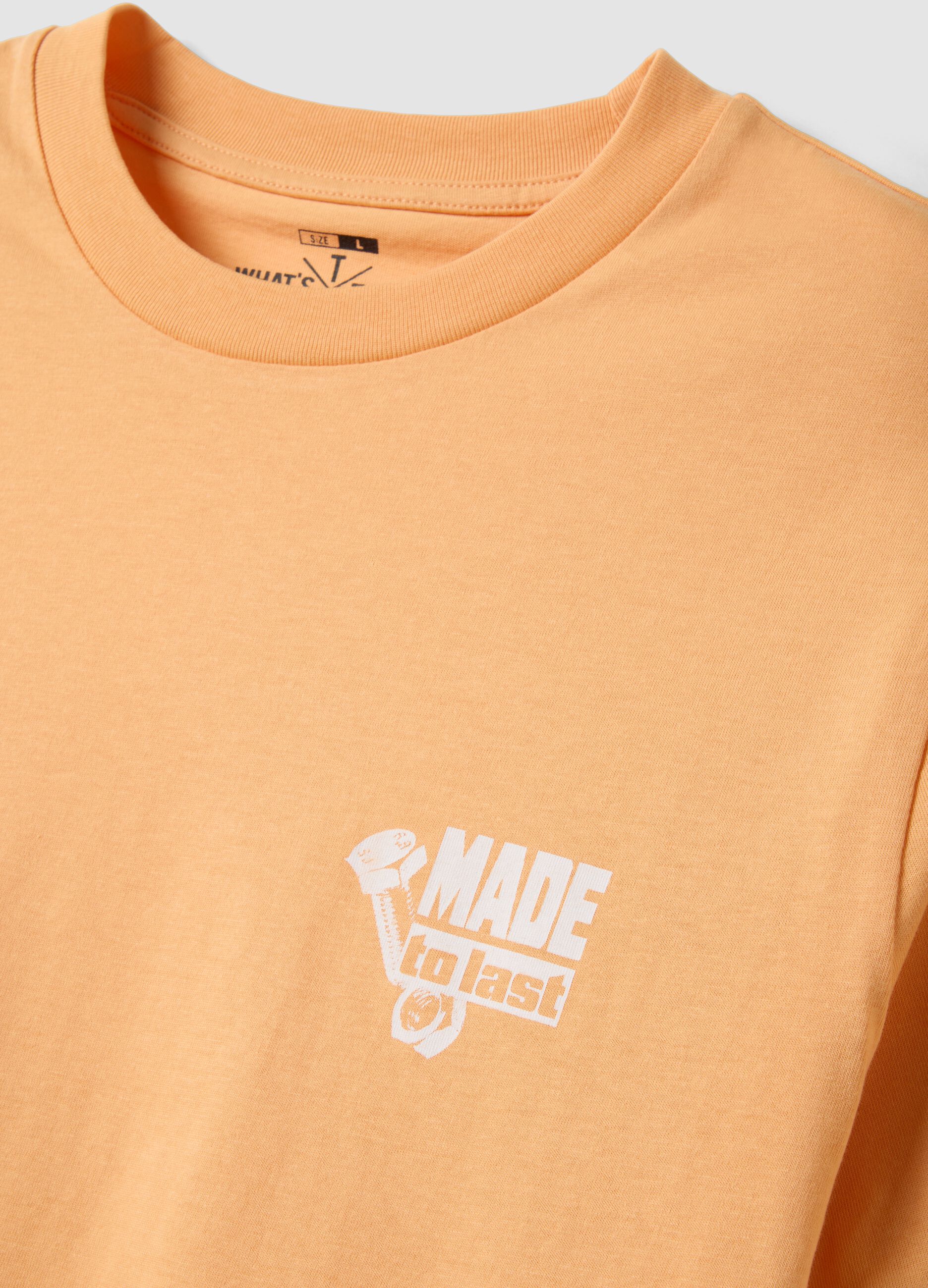 Orange pure cotton jersey T-shirt with chest print, regular fit