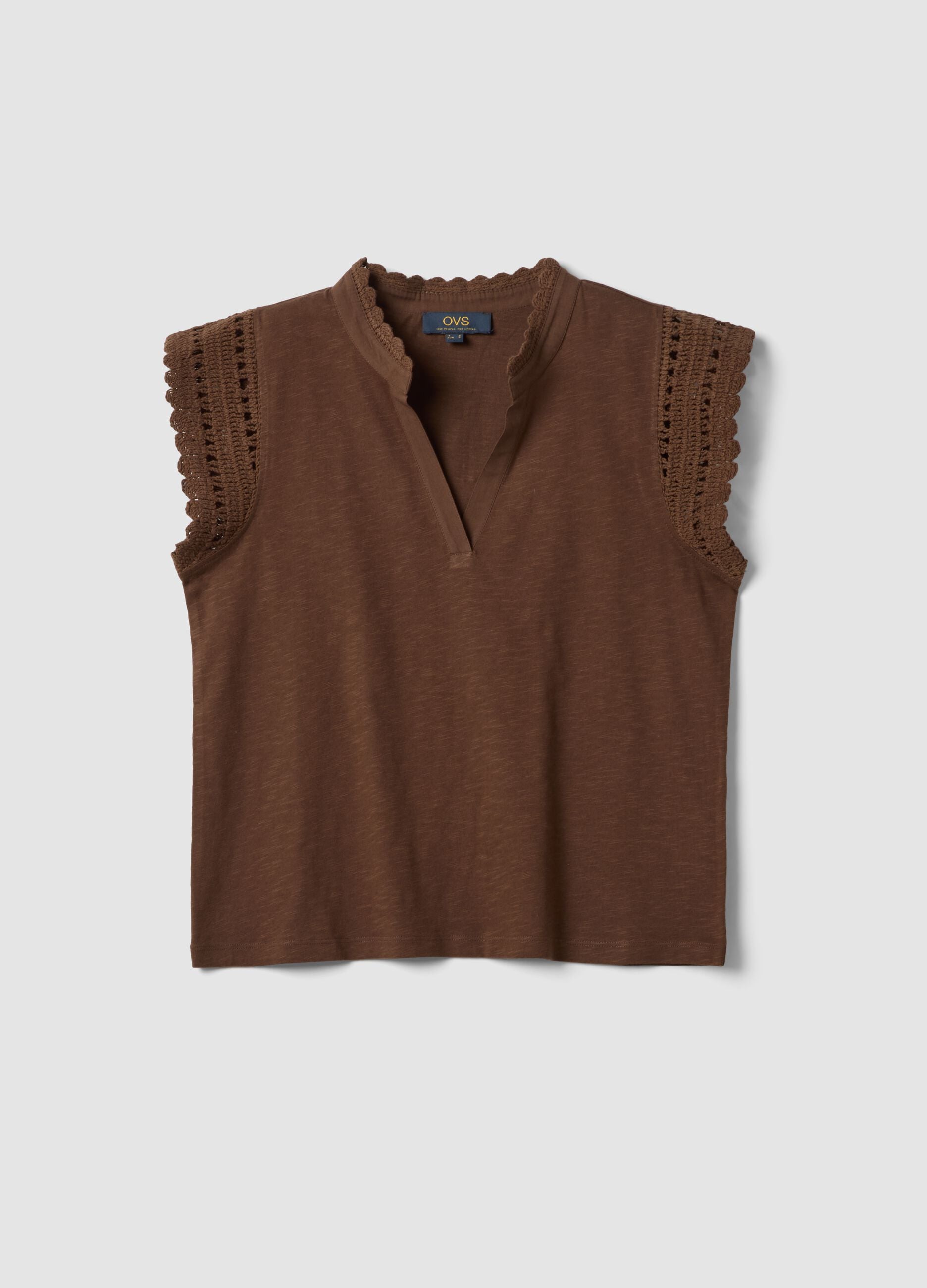 Brown pure cotton T-shirt with crochet details, regular fit