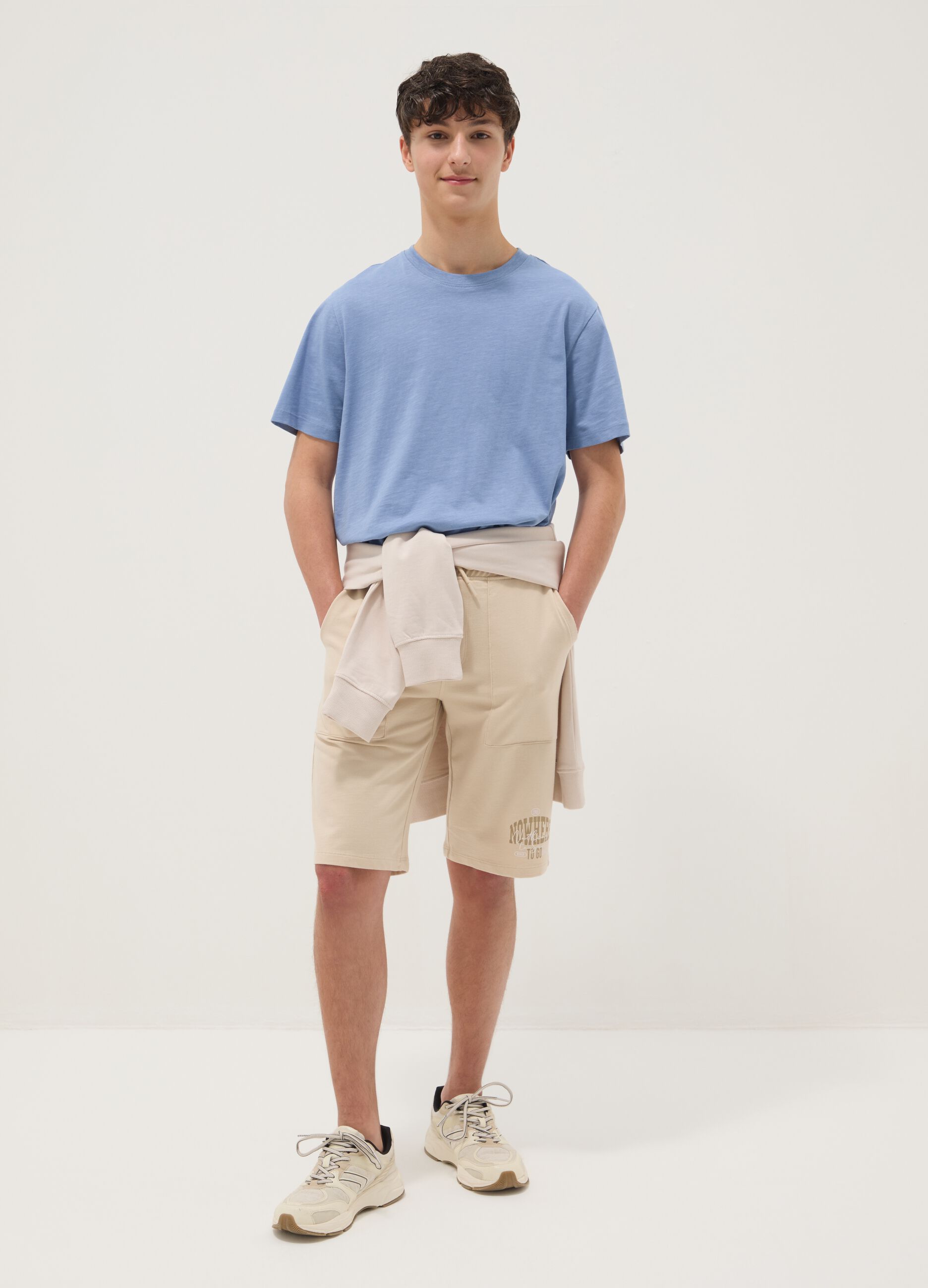 Beige pure cotton jogger shorts for boys with elasticated waist