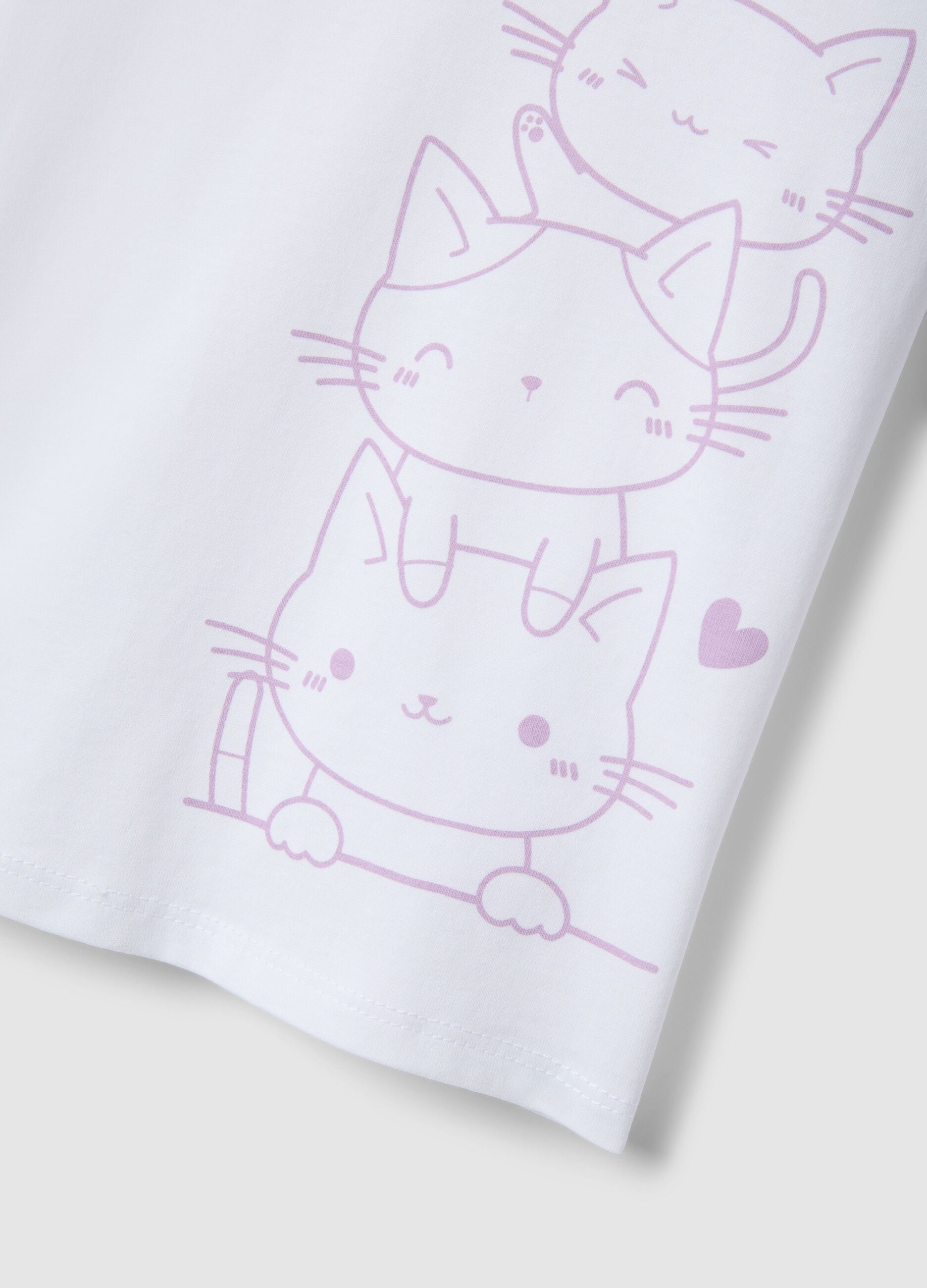 Girls' white cotton t-shirt with cat print, regular fit