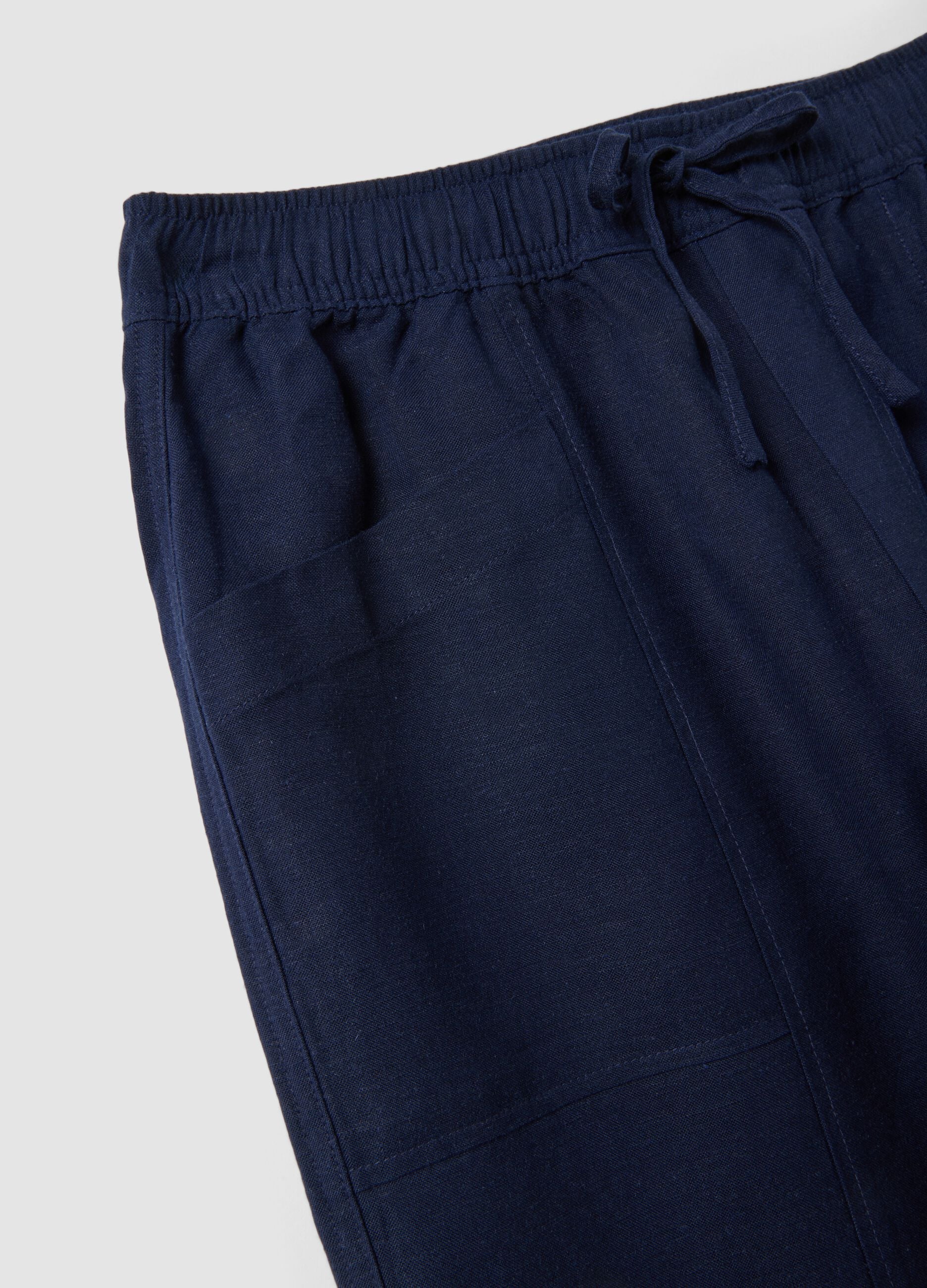 Blue viscose and linen blend straight-leg trousers with drawstring