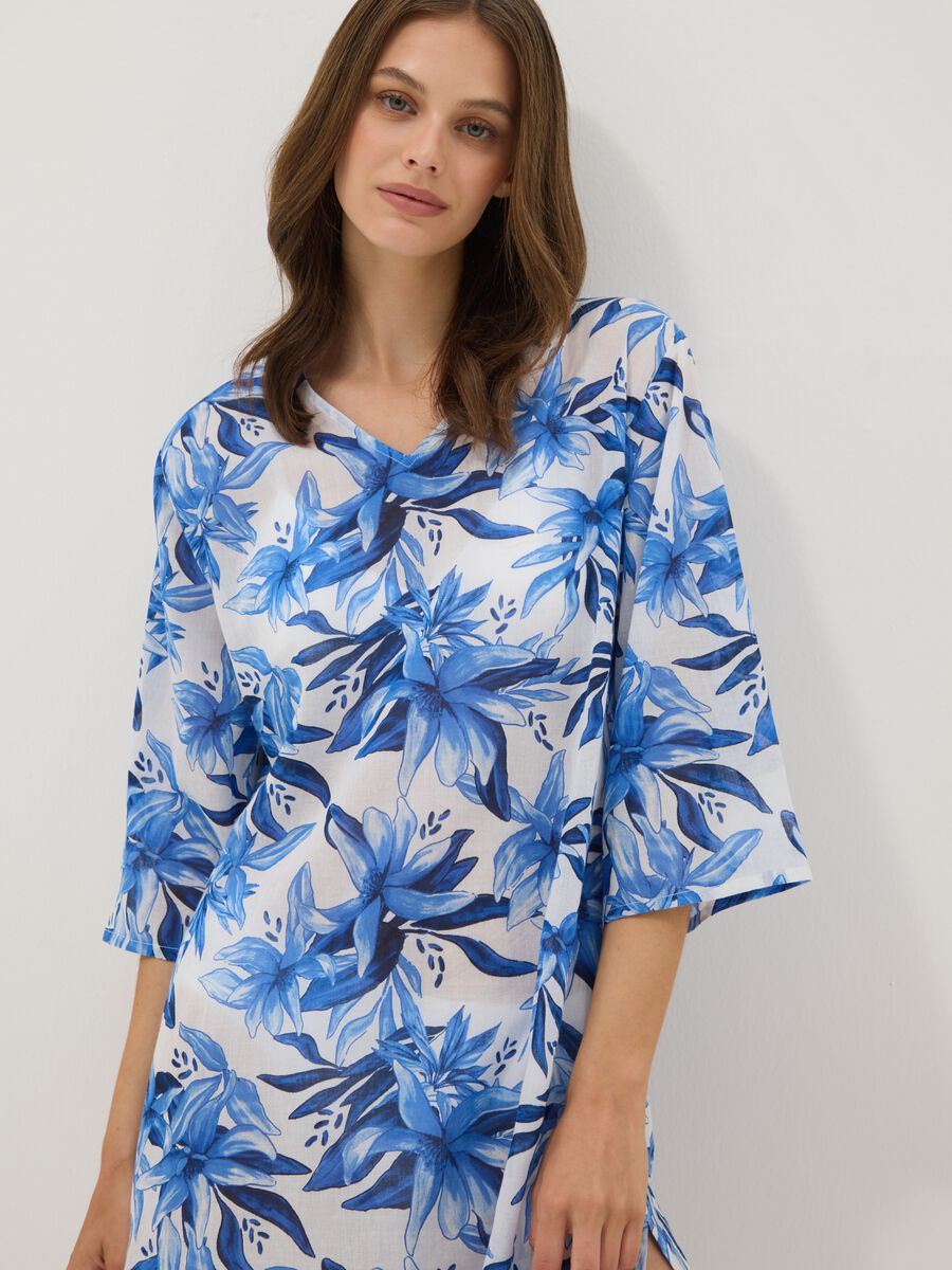 Multicoloured pure cotton kaftan with floral print_1