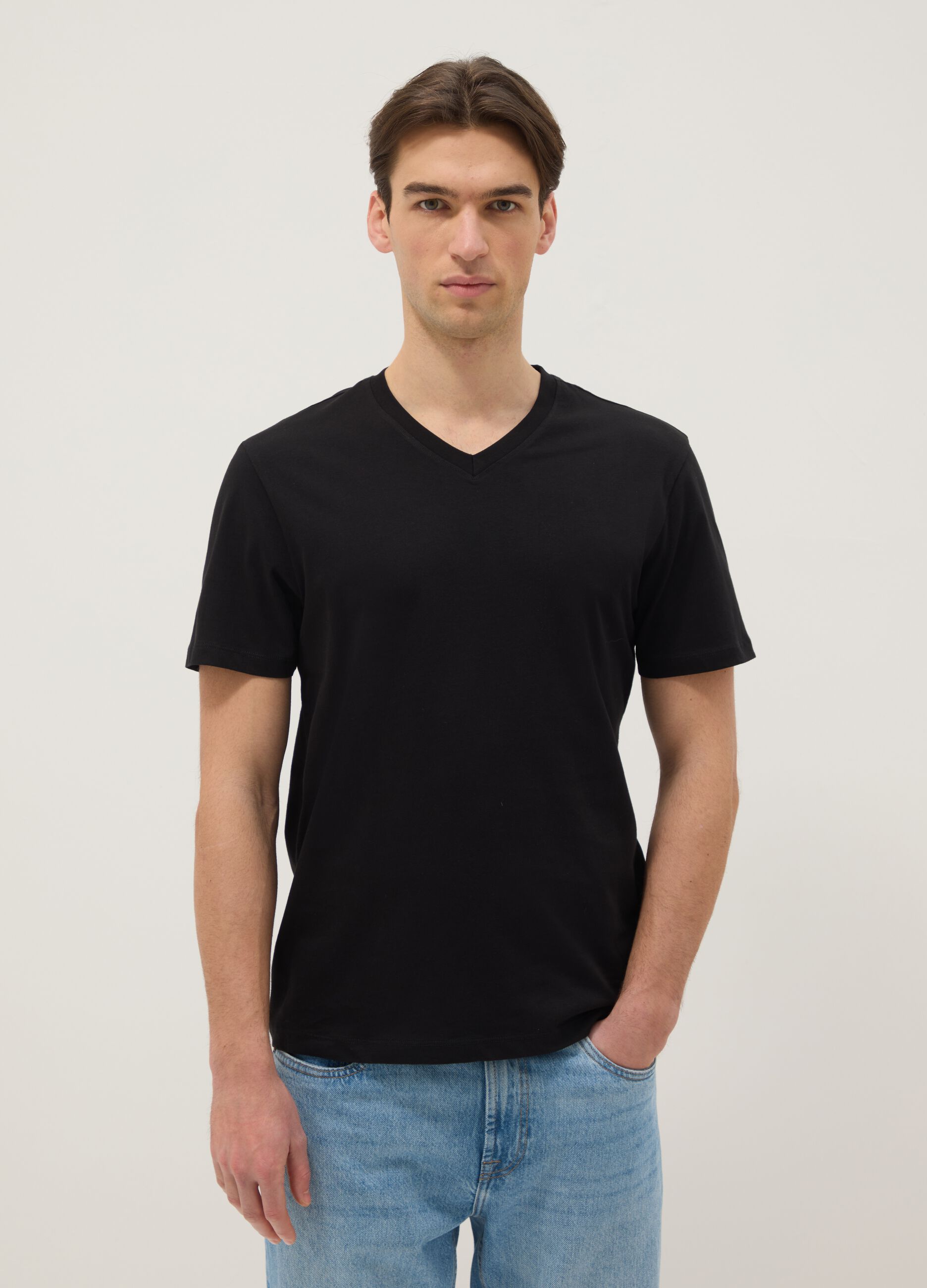 Black pure cotton regular fit V-neck T-shirt