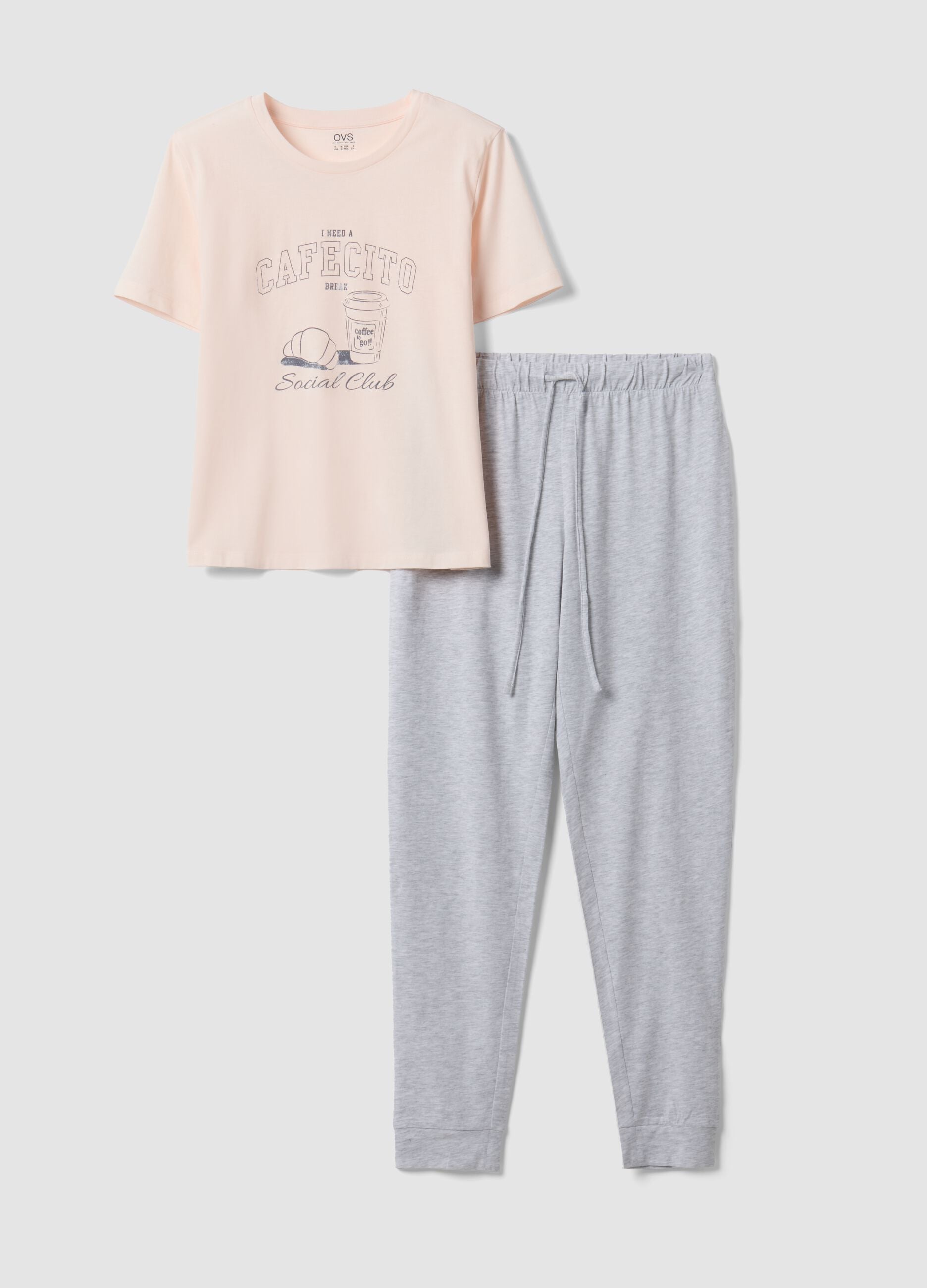 Pigiama rosa in puro cotone organico con pantaloni grigi regular fit