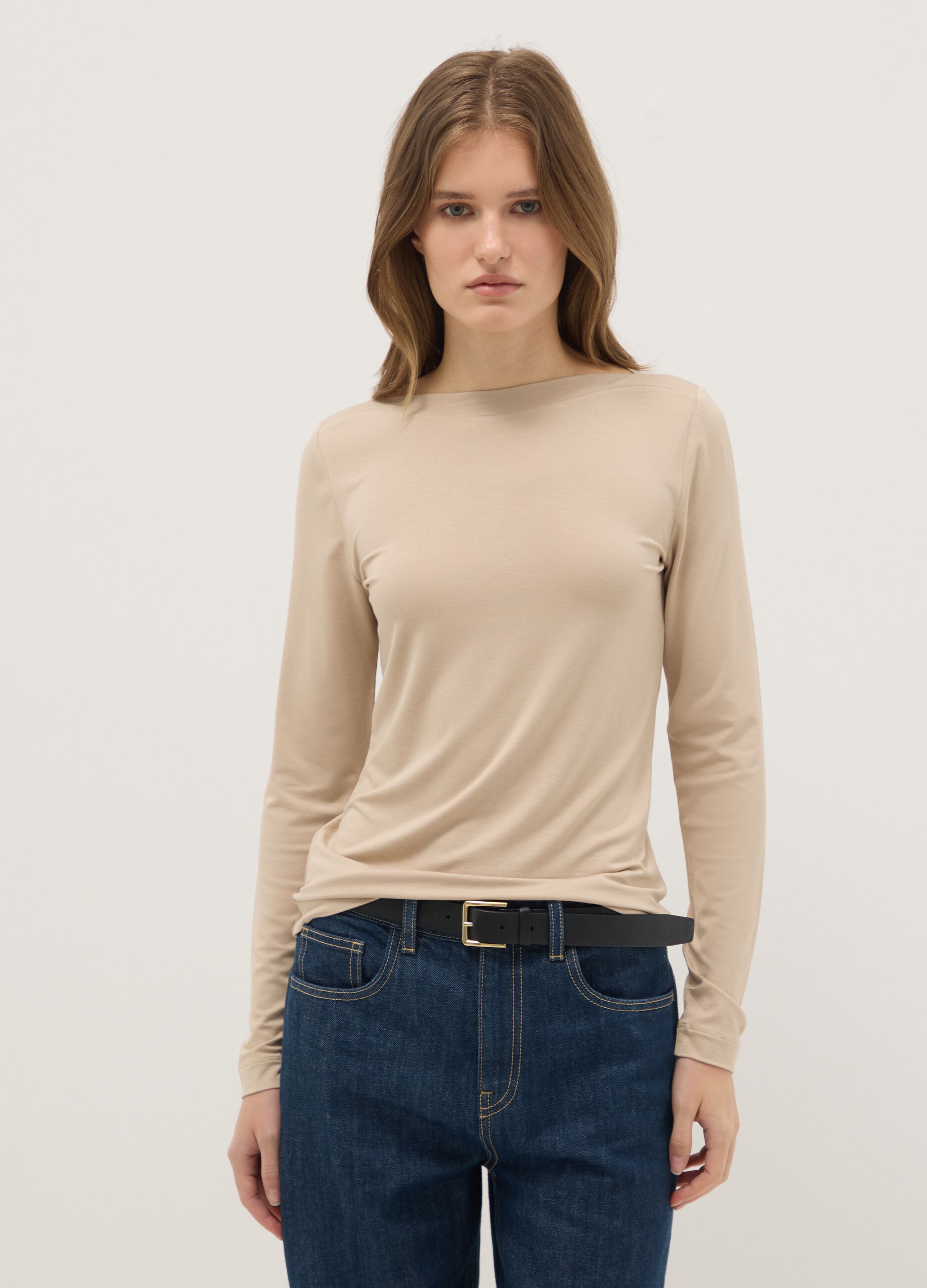 Beige crew neck long sleeve regular fit top