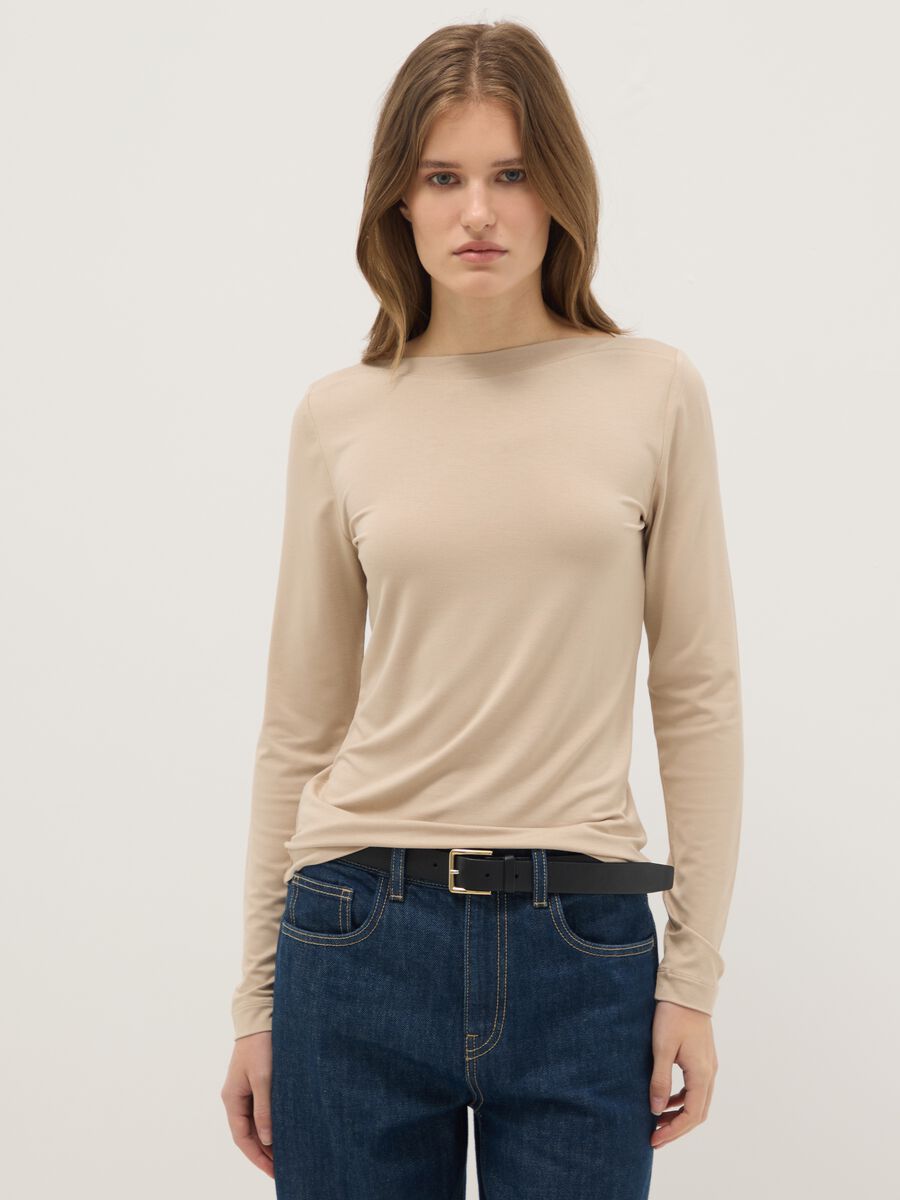 Beige crew neck long sleeve regular fit top_0