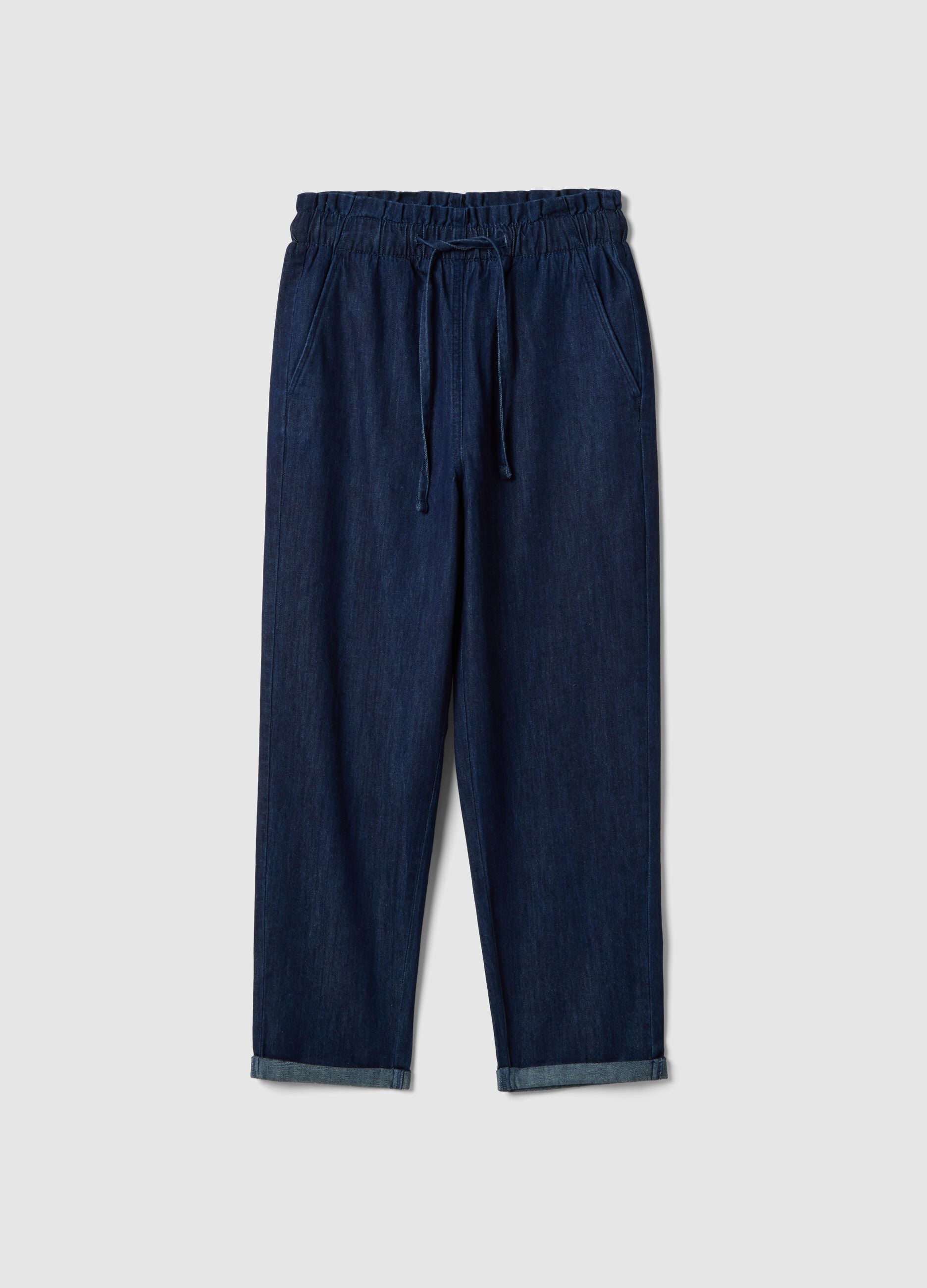 Regular fit blue denim cotton paper bag trousers