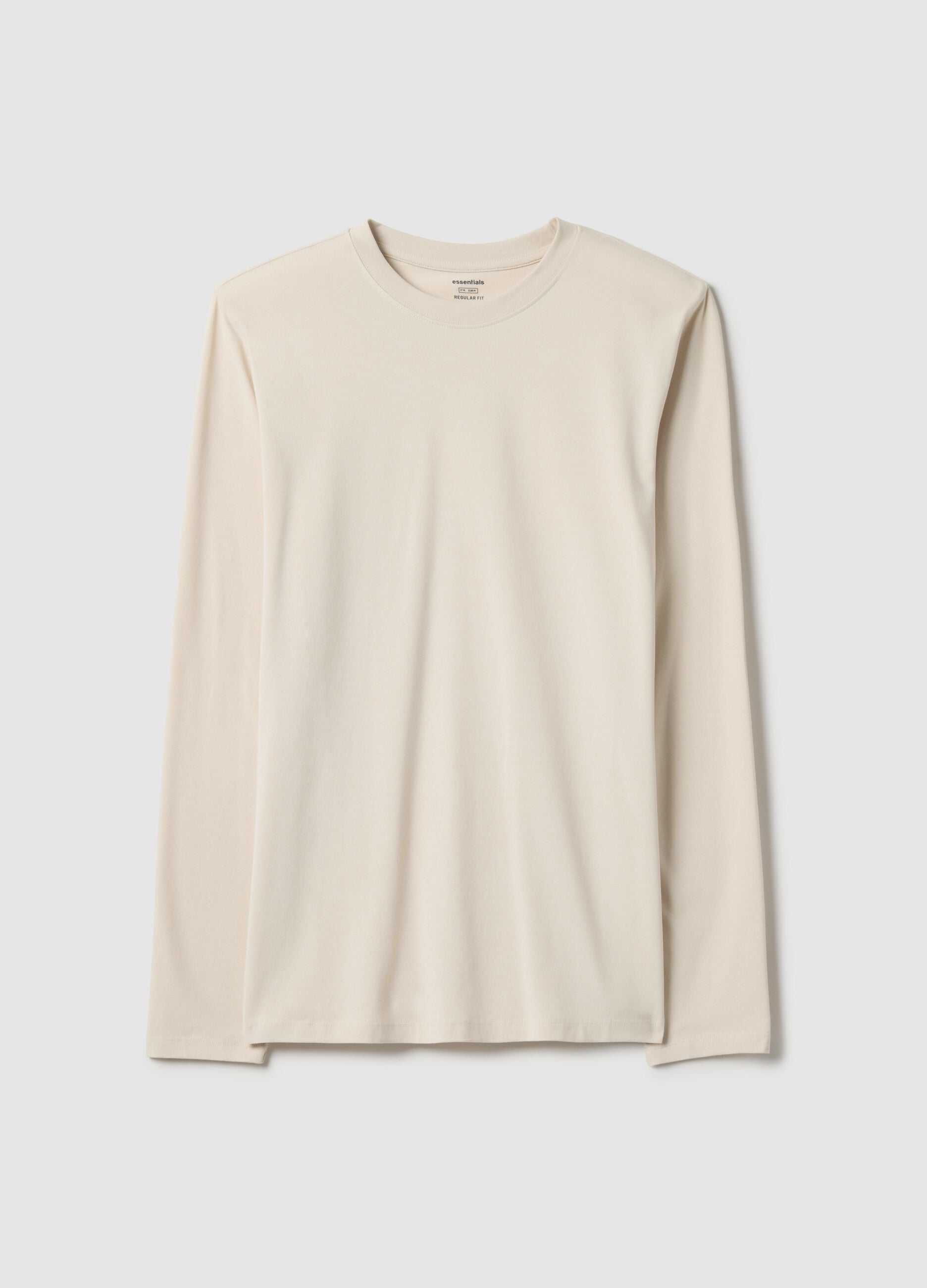 Beige long-sleeve stretch cotton regular fit t-shirt