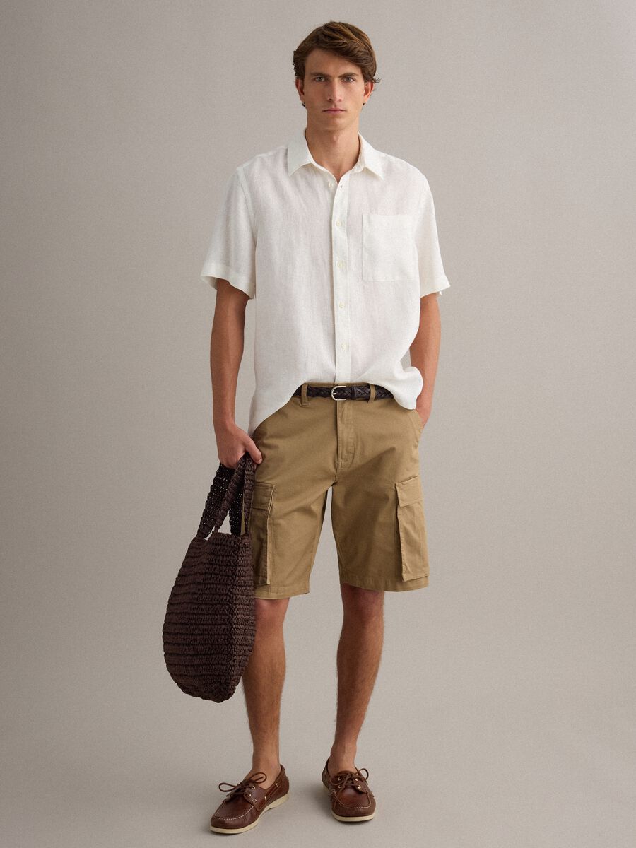 Beige stretch cotton cargo shorts, regular fit_0