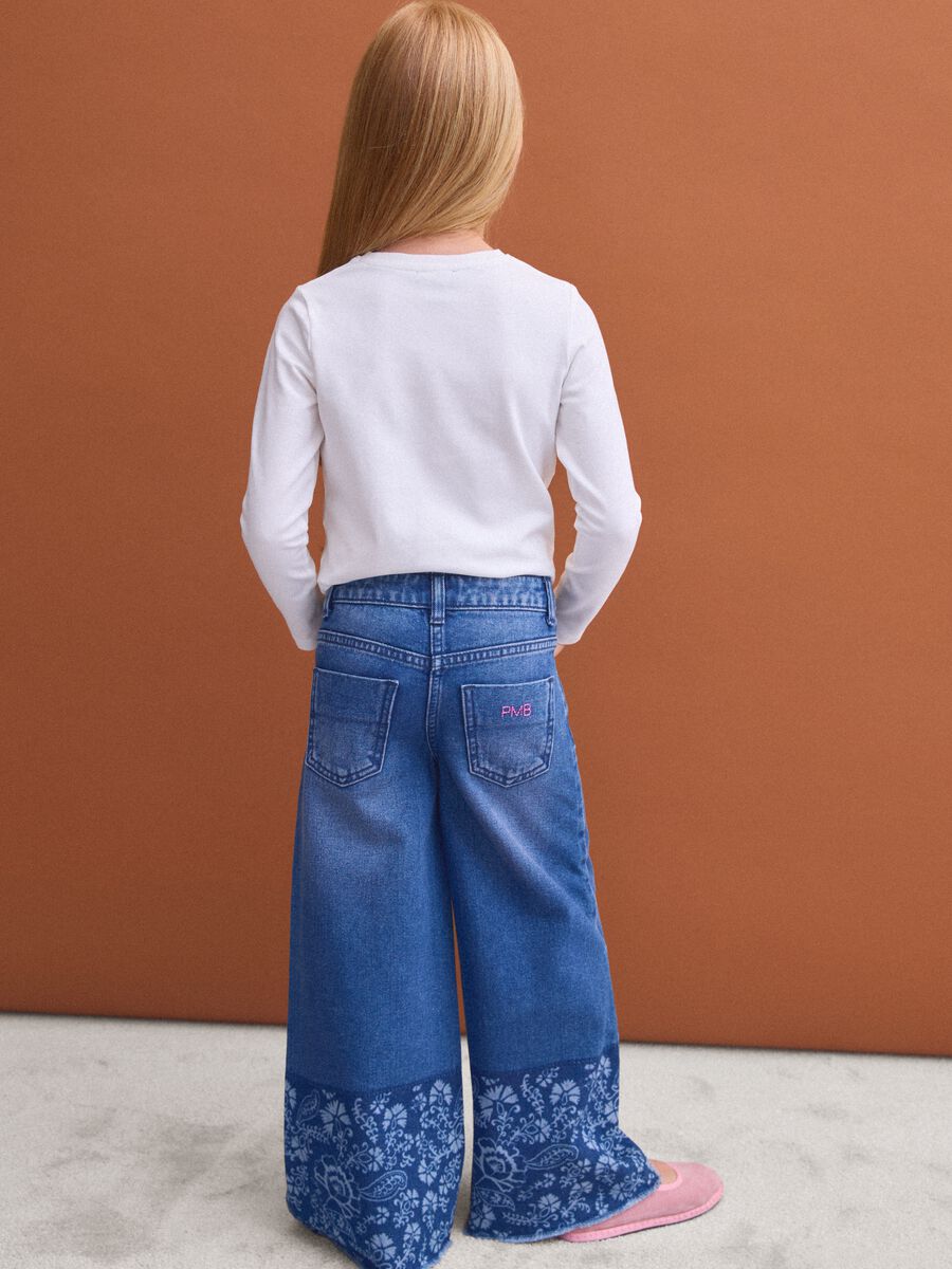 Blue wide-leg pure cotton jeans with floral print for girls_1