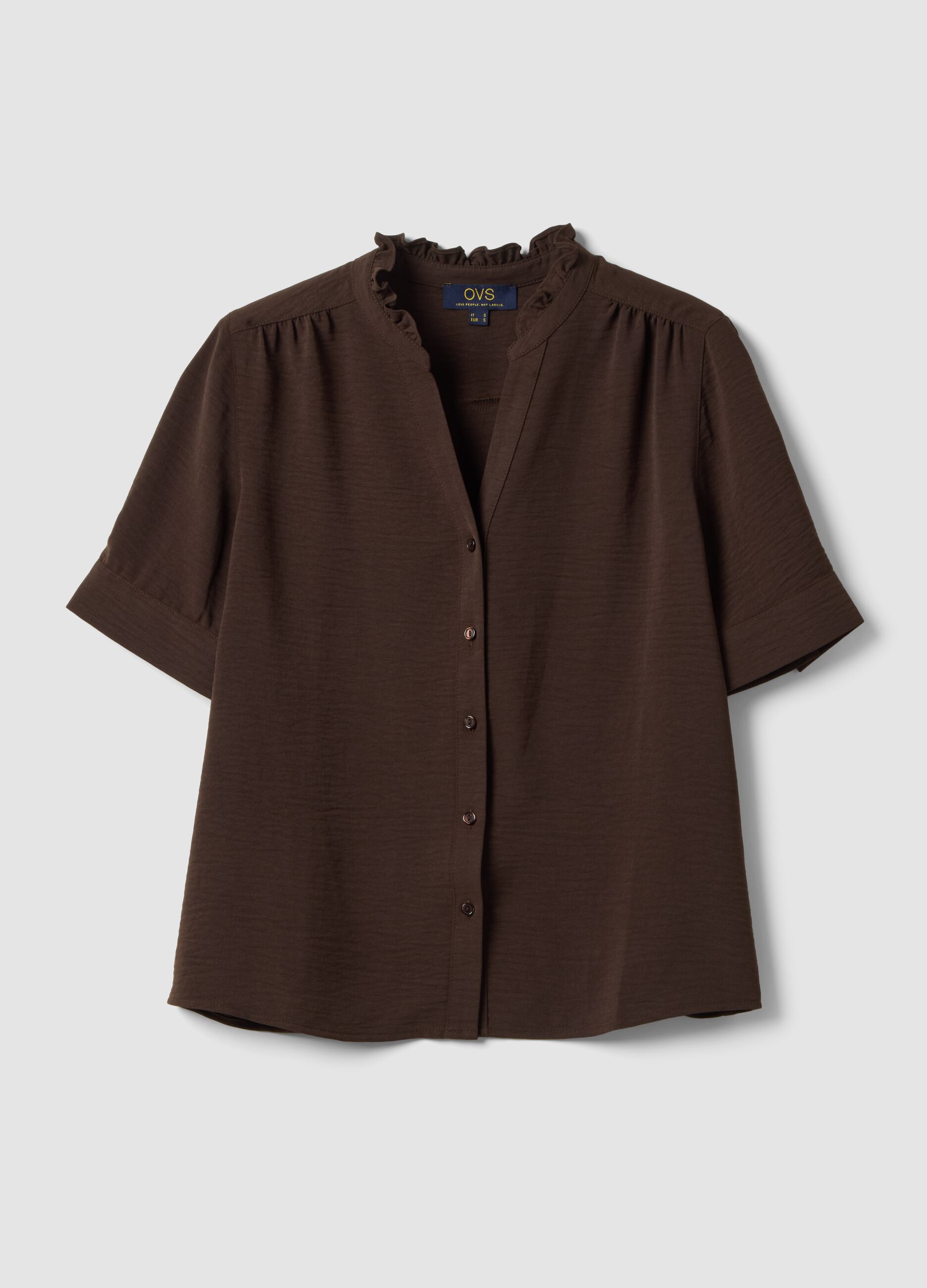 Brown regular-fit shirt with gathered collar