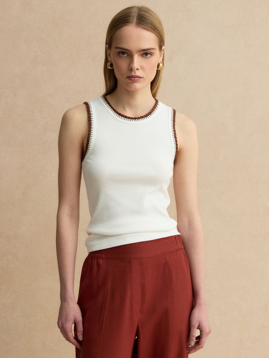 White Stretch Cotton Vest Regular Fit with Embroidered Edges_0
