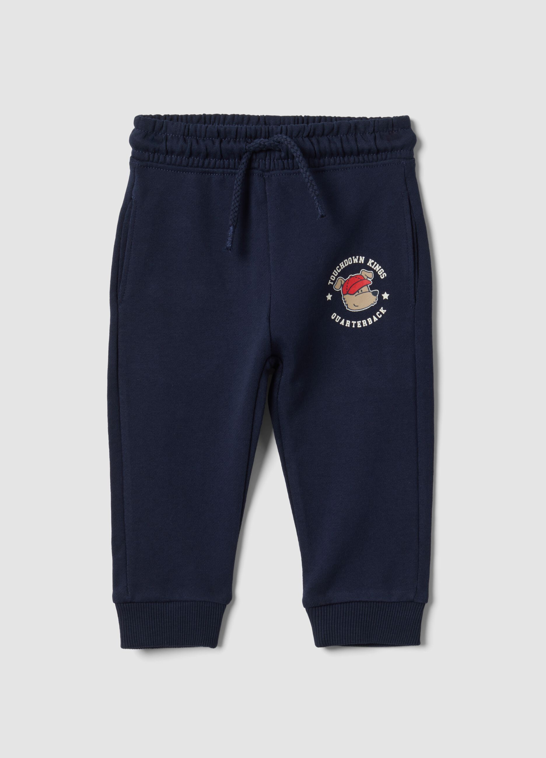 Pantaloni jogger blu in puro cotone con stampa cagnolino per bimbo