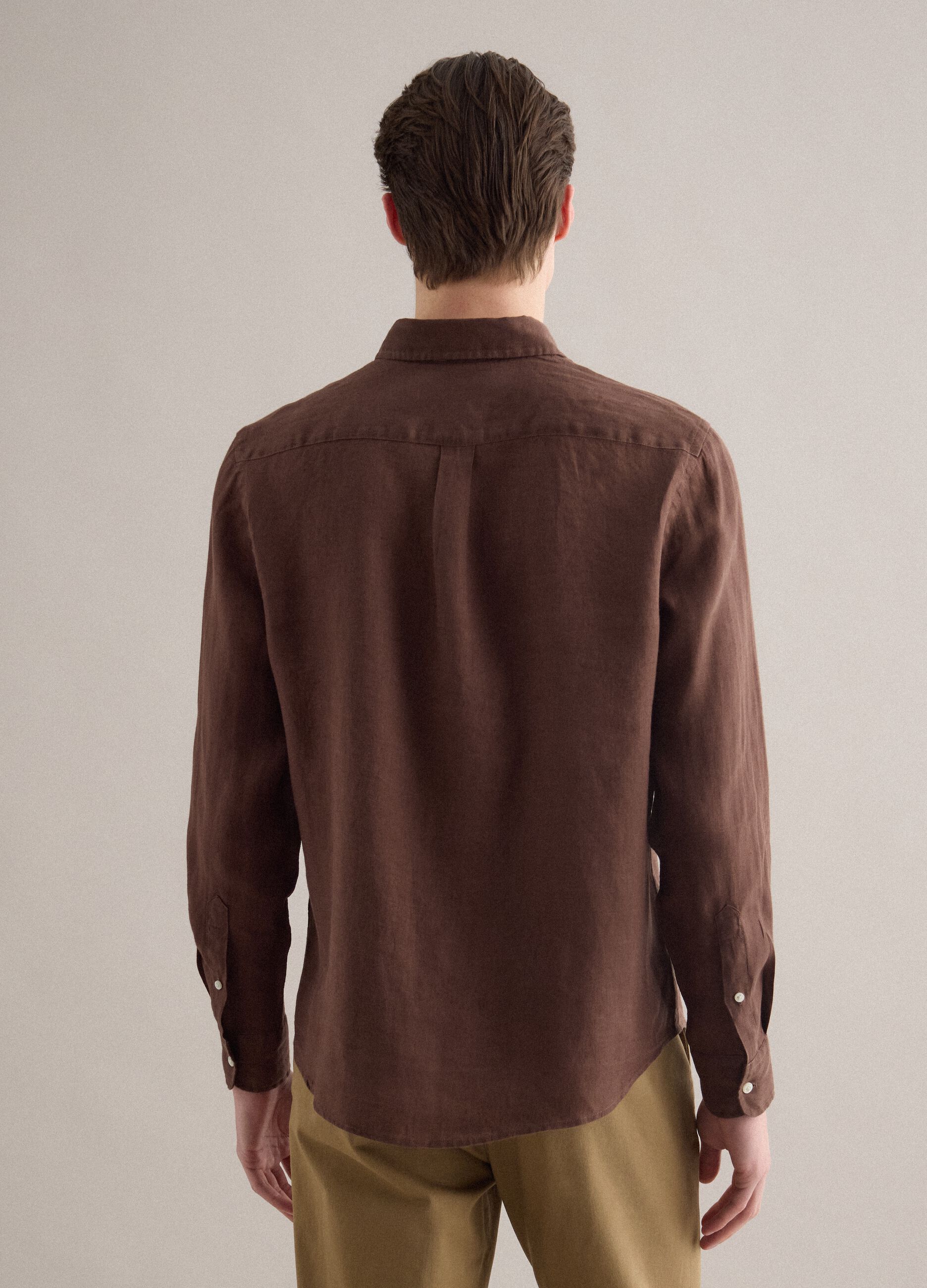 Brown pure linen long-sleeve shirt regular fit