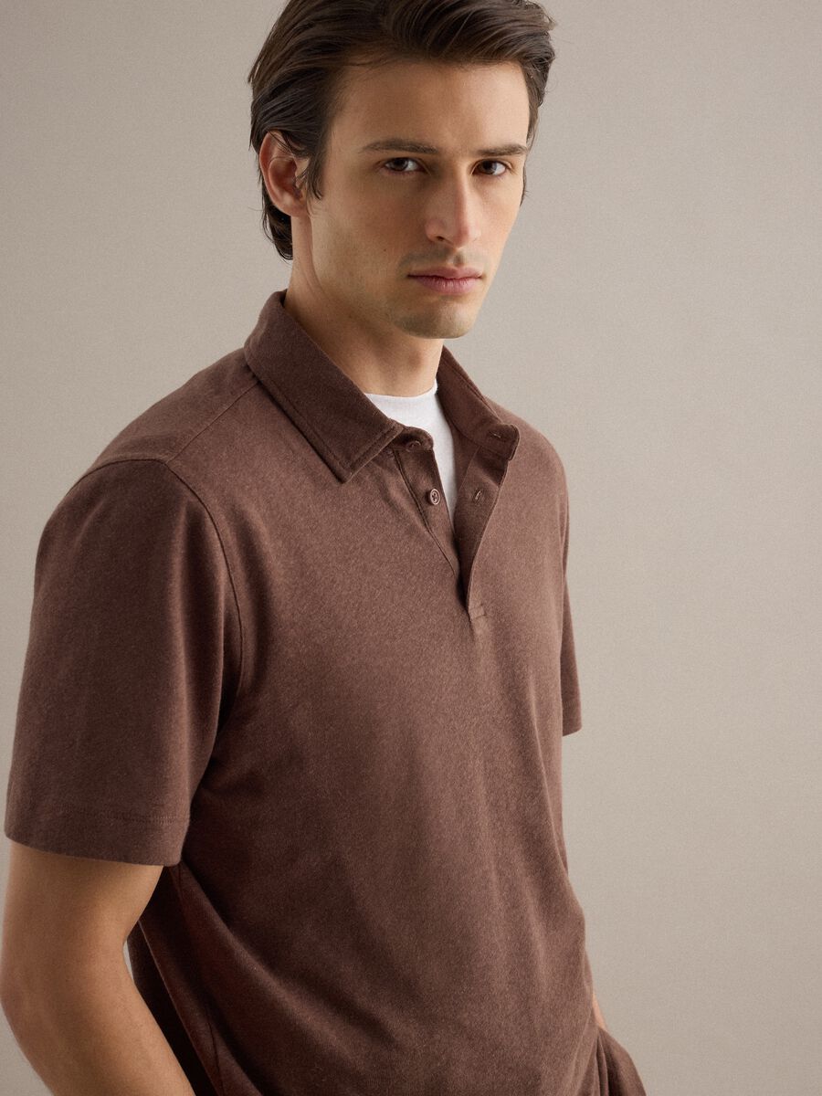 Brown linen and cotton blend regular fit polo_3