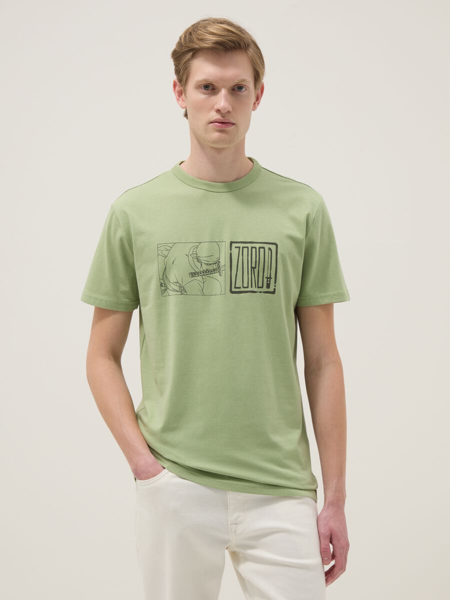 Green pure cotton T-shirt with One Piece print_0