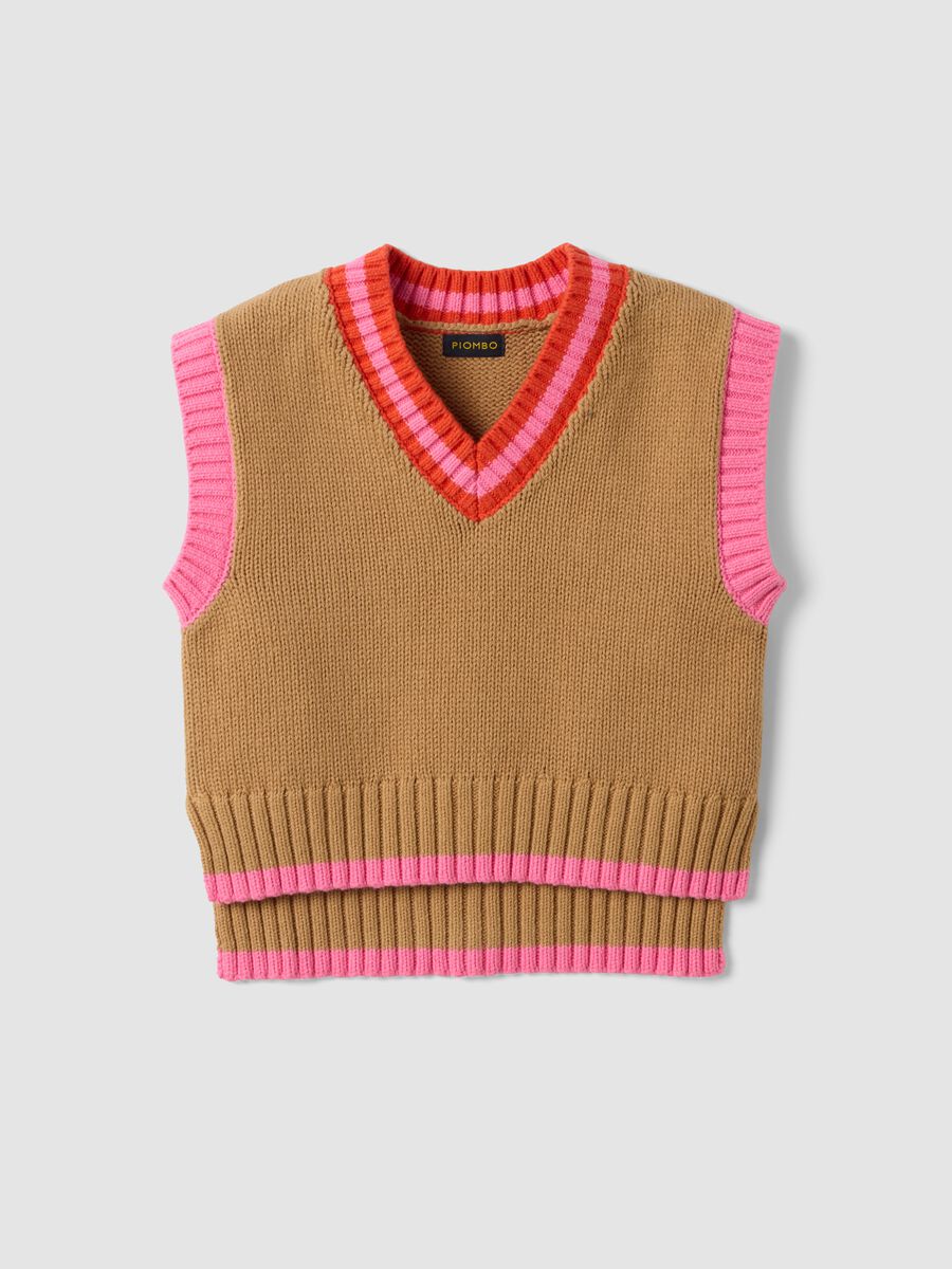 Brown cotton-blend V-neck gilet with contrast trim for girls_3