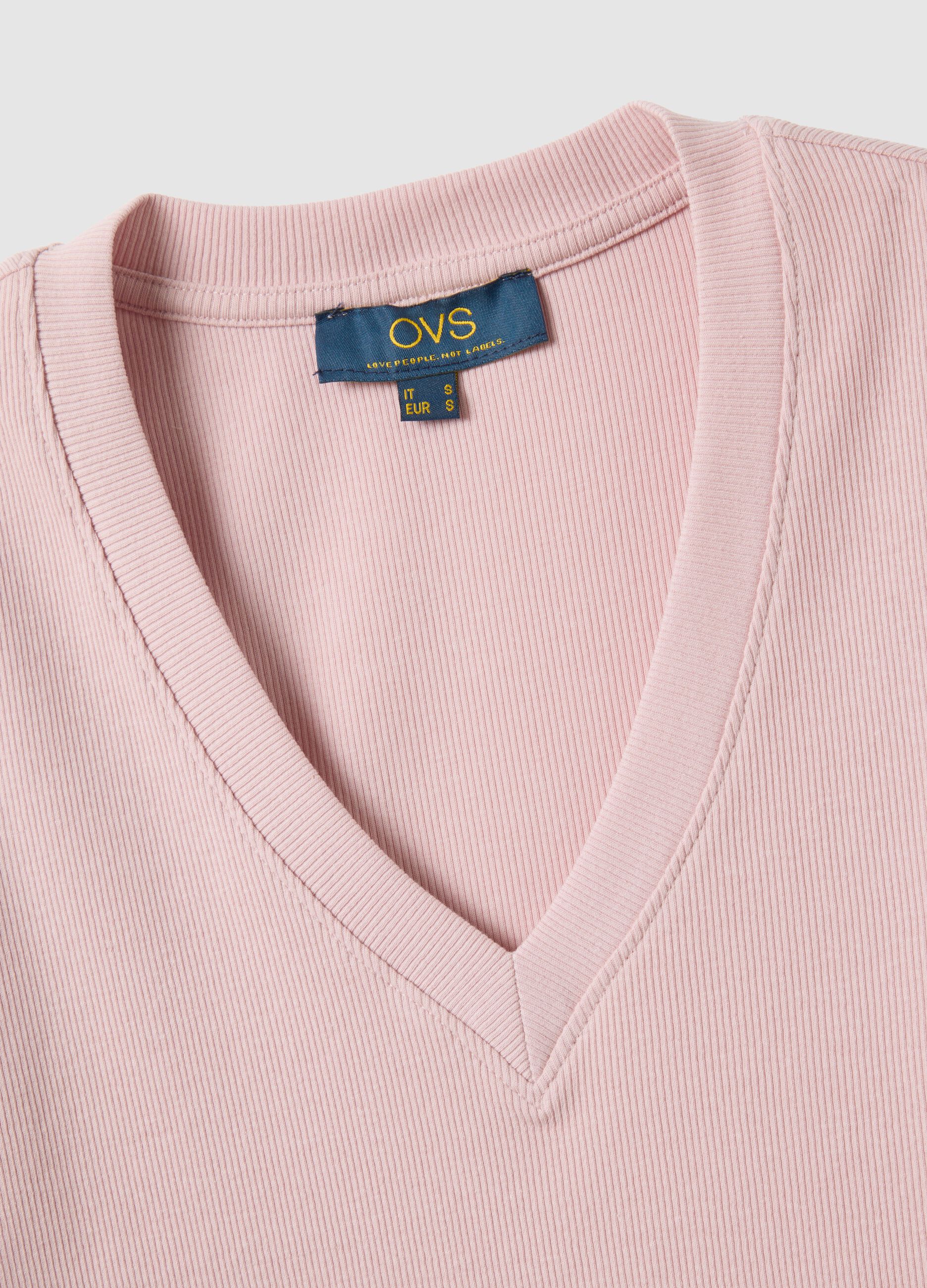 Pink regular fit deep V stretch cotton T-shirt