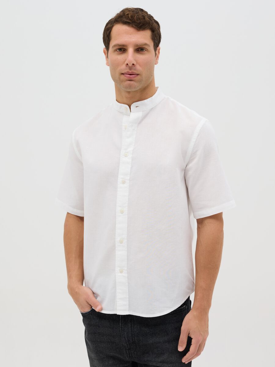Camicia coreana in cotone e lino a maniche corte_0