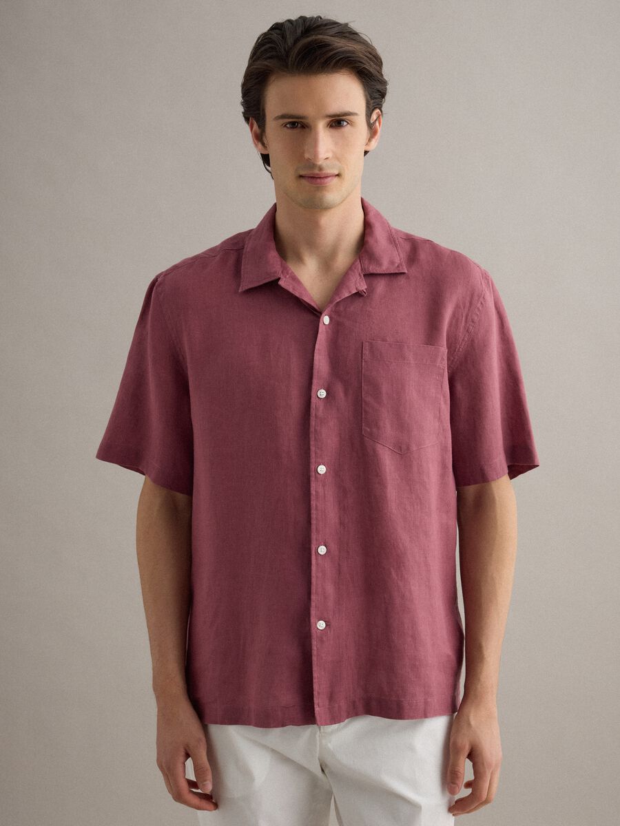 Regular fit pink short sleeve pure linen shirt with pocket_1