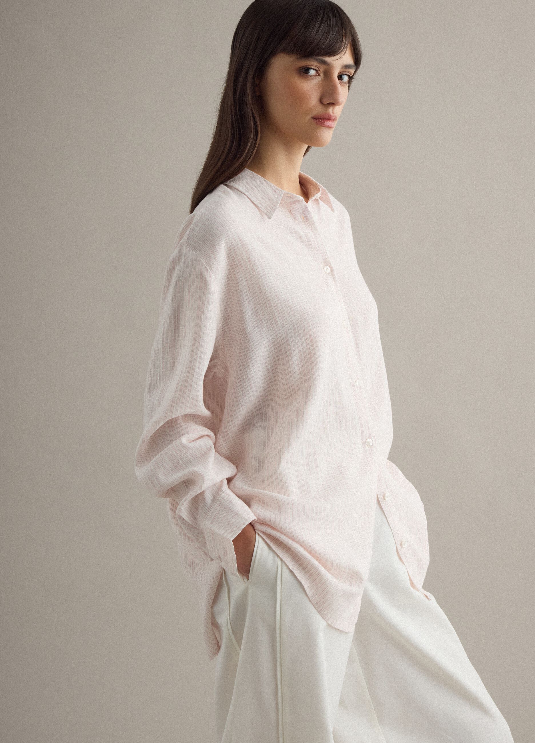 Multicolour striped linen blend regular fit shirt
