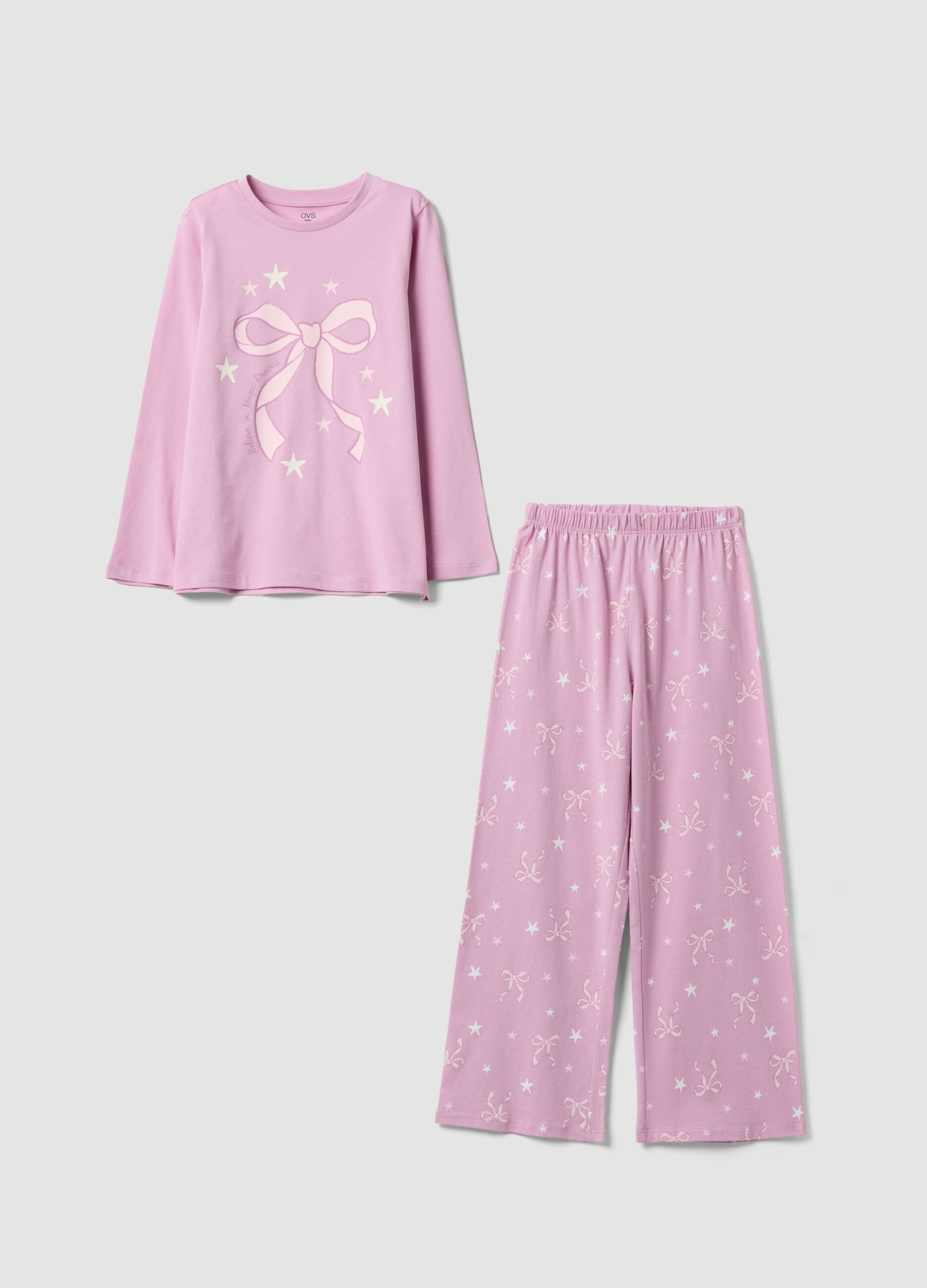 Pink organic cotton jersey pyjamas with bow print