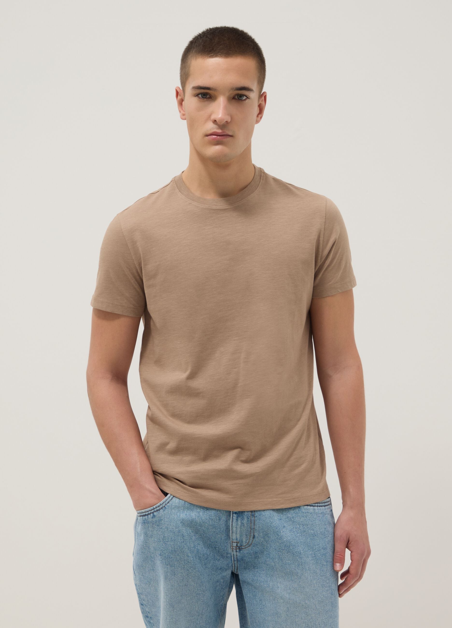 Beige short sleeve regular fit pure cotton t-shirt