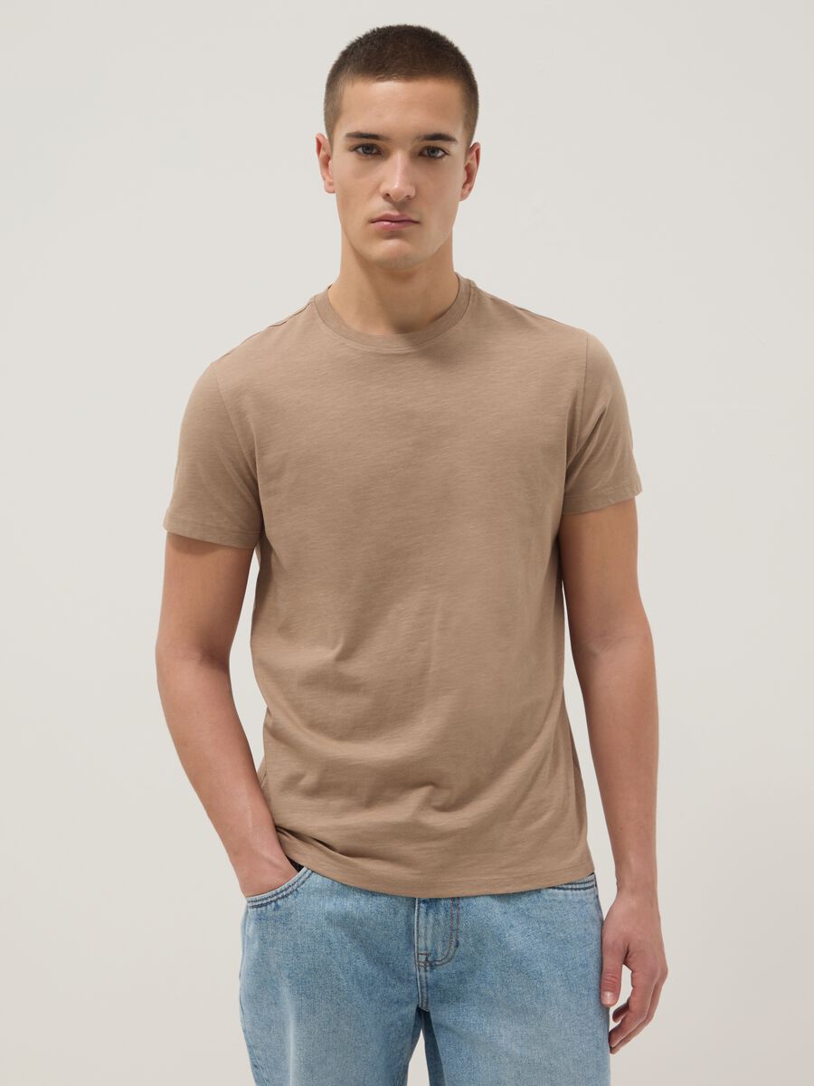 Beige short sleeve regular fit pure cotton t-shirt_1