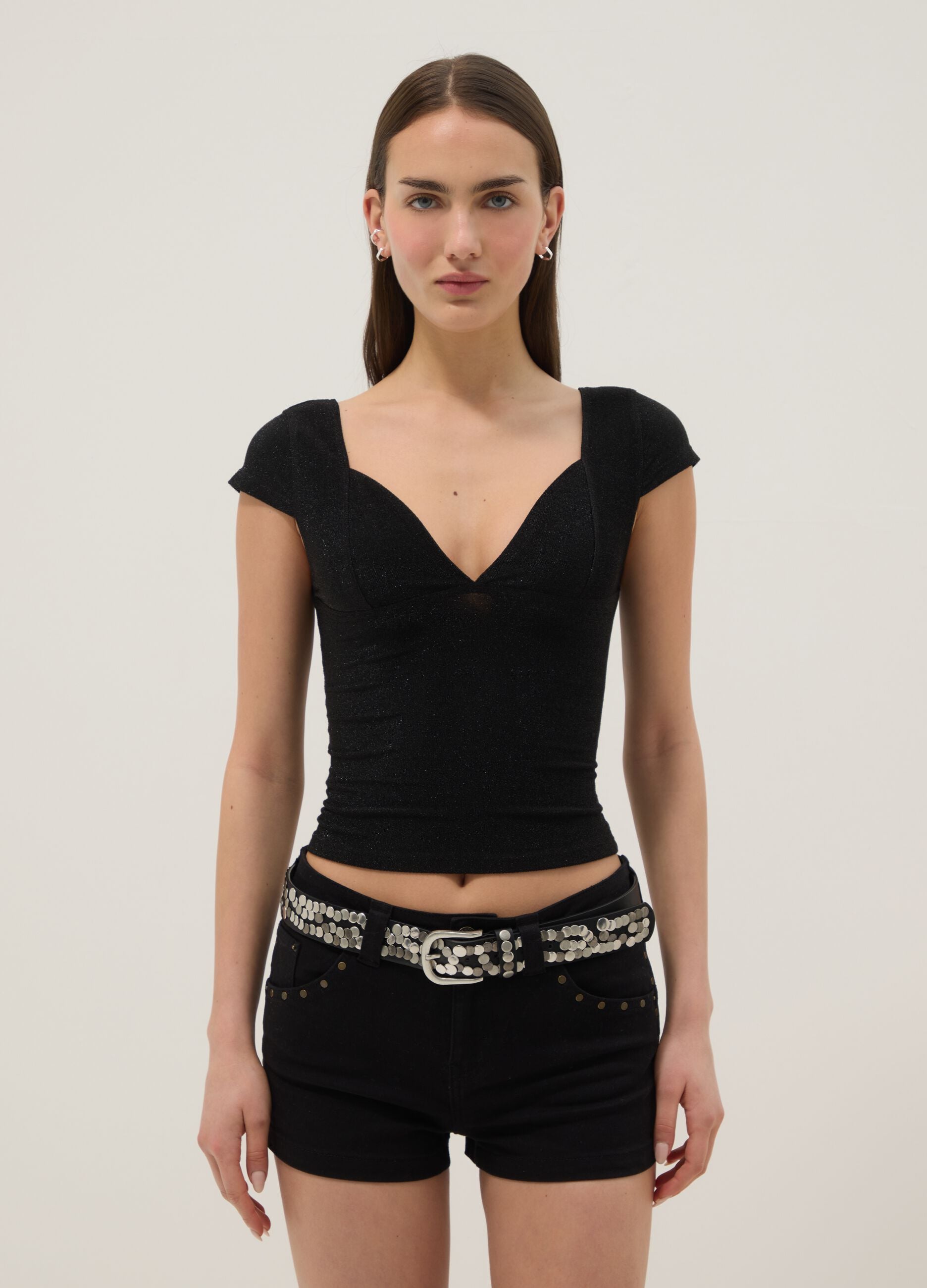 Black stretch viscose-blend V-neck regular-fit T-shirt