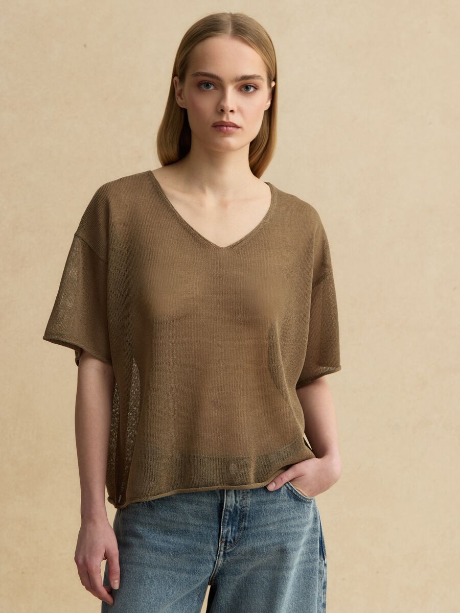 Brown oversized lyocell and linen blend V-neck jumper_1