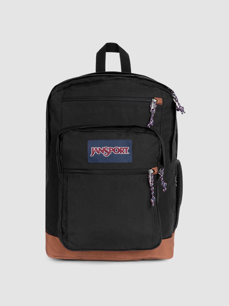 Black backpack with brown base and external pockets_0