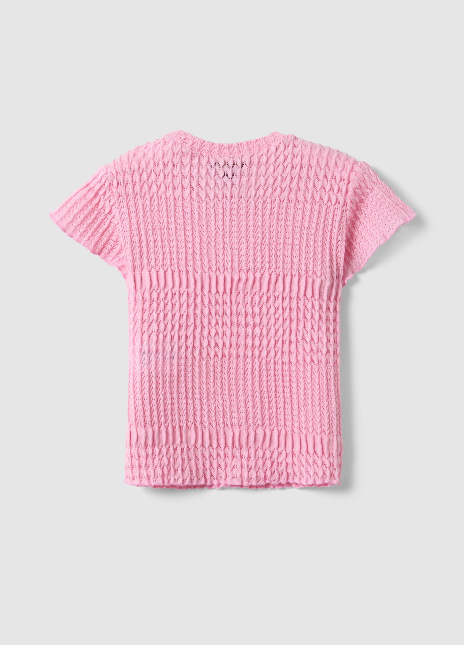 Pink short-sleeve girls' T-shirt regular fit with mesh texture