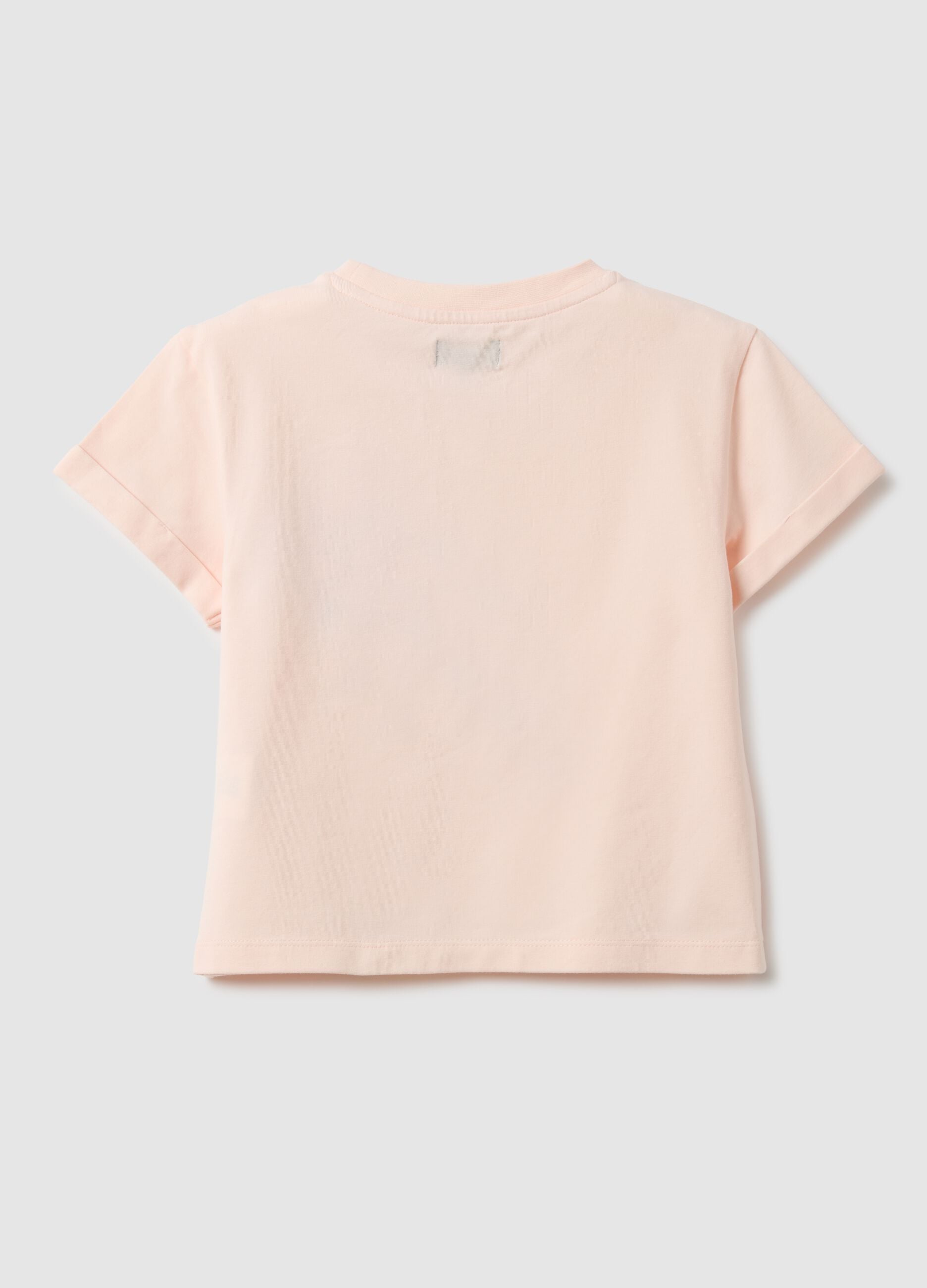 Girls' pink cotton blend T-shirt regular fit with floral embroidery