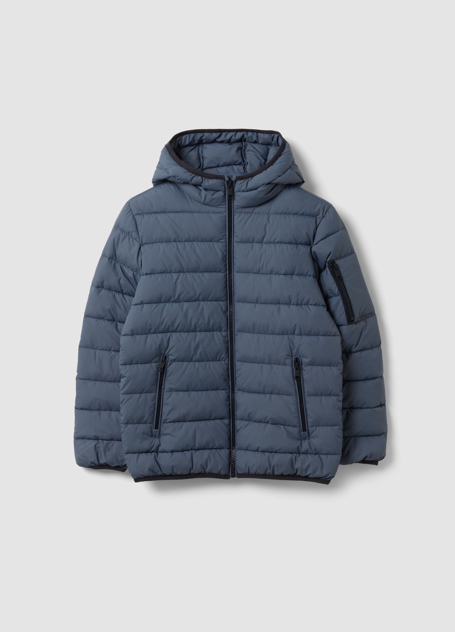 Grey Ultralight padded hooded jacket with zip for boys