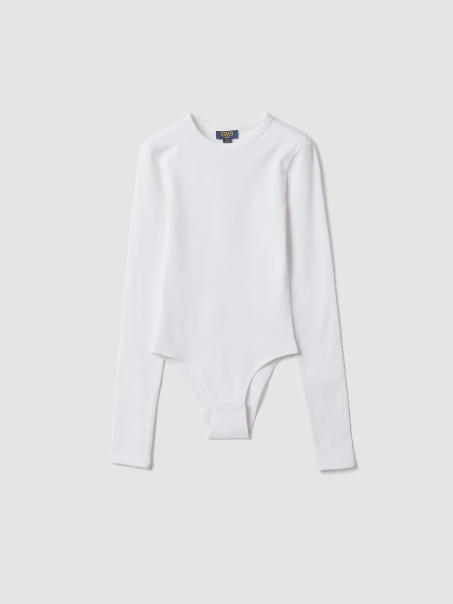 White fitted stretch cotton bodysuit with crew neck_3
