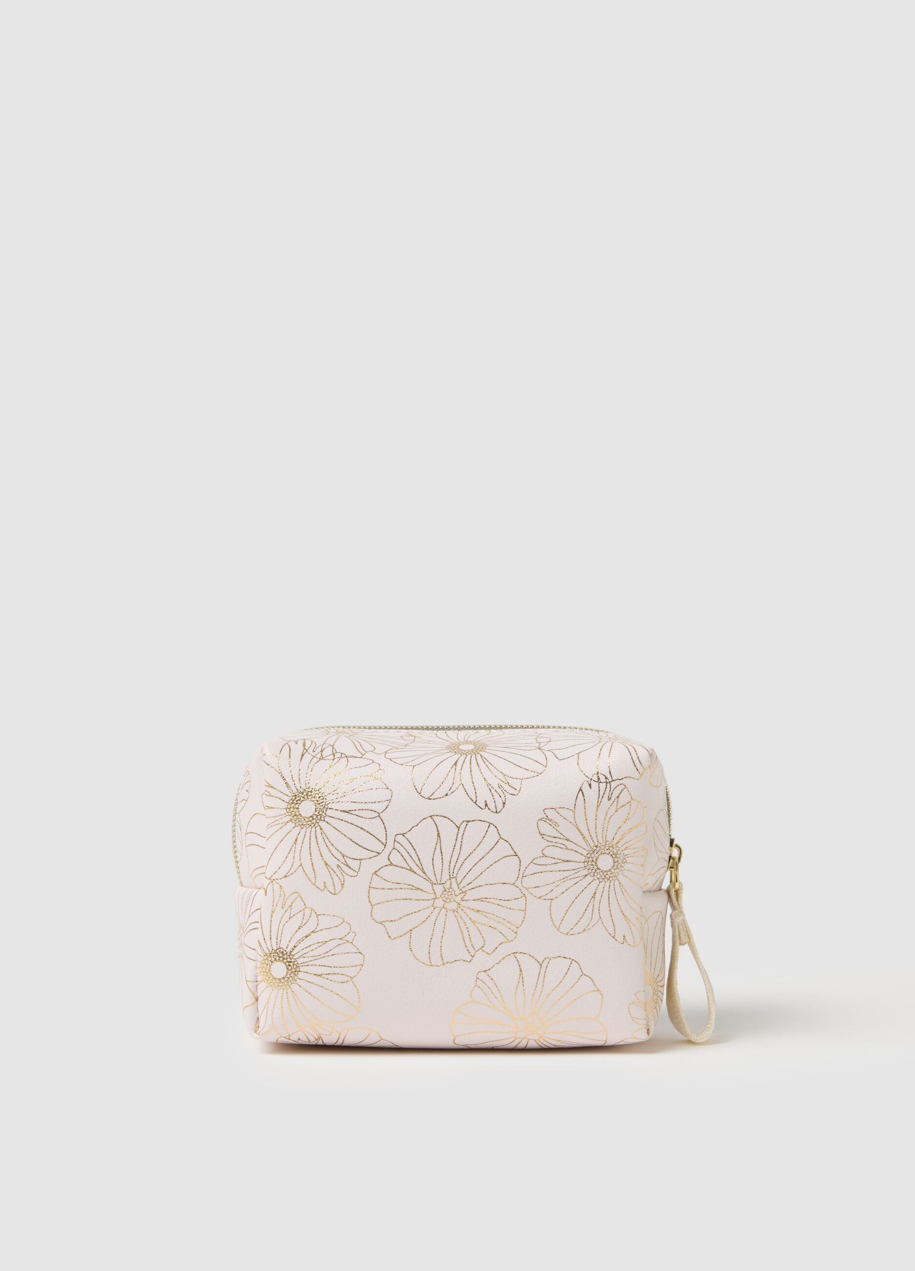 White toiletry bag with zip and floral design
