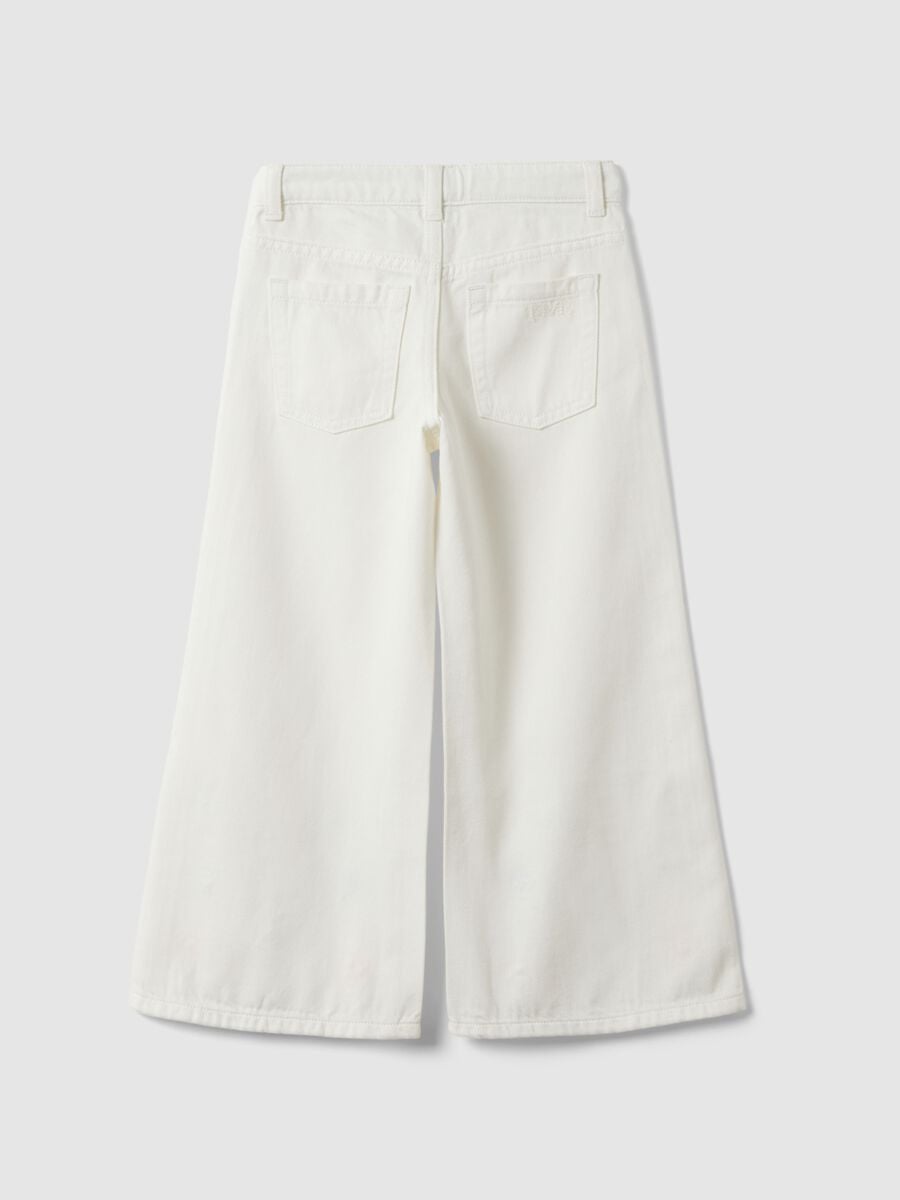 Girls' Wide Leg Pure Cotton White Trousers with Flowers_4