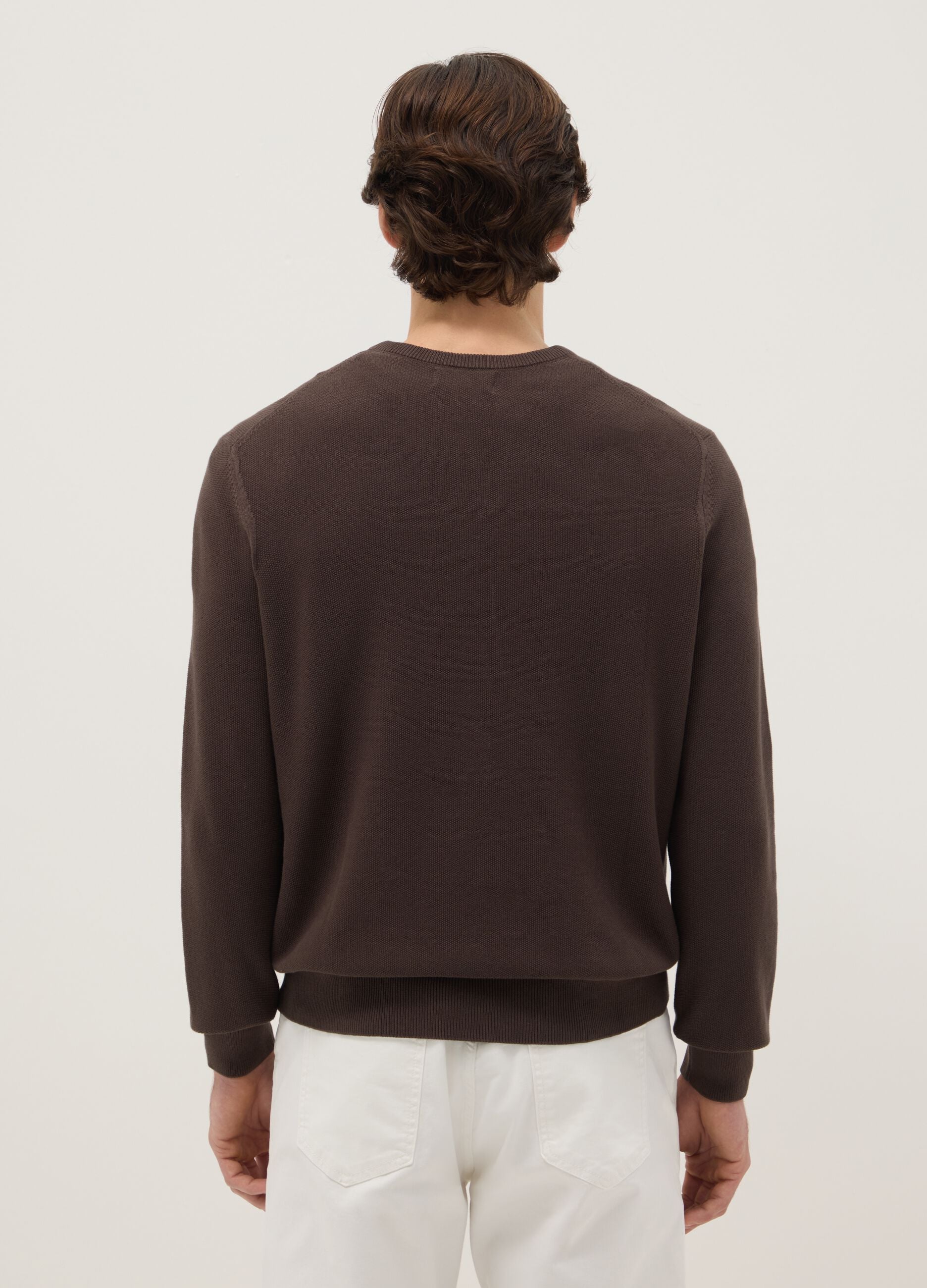 Brown crew neck sweater in pure cotton regular fit