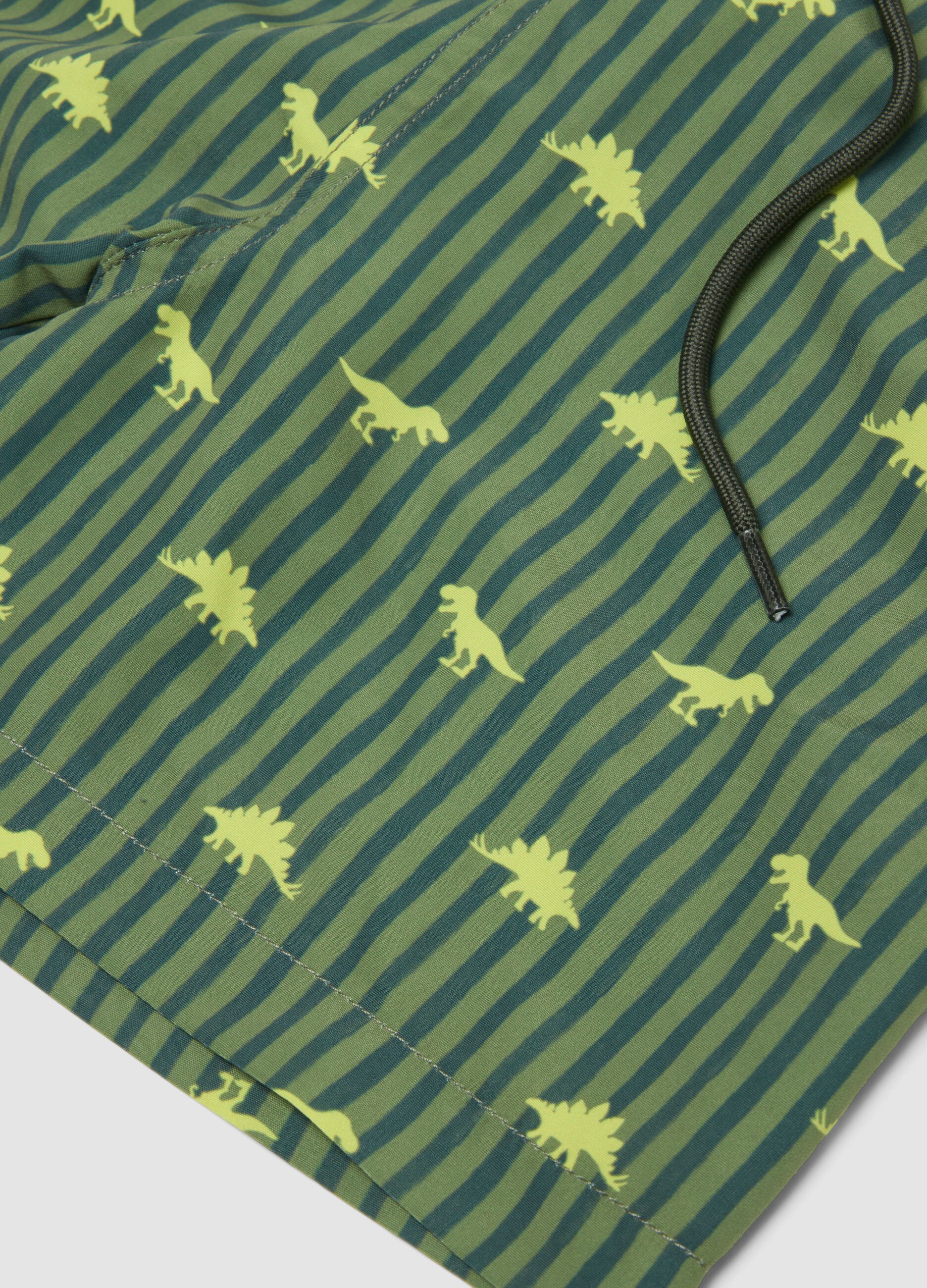 Green striped dinosaur print boys&rsquo; swim shorts