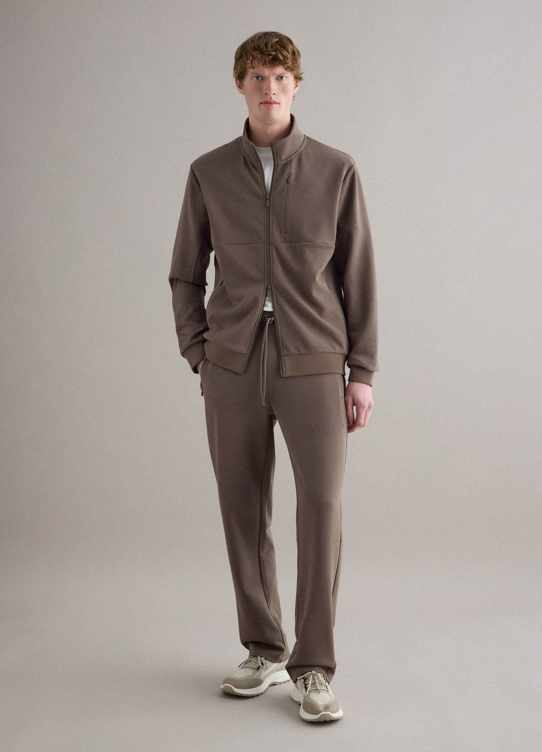 Brown regular fit stretch cotton blend jogger trousers